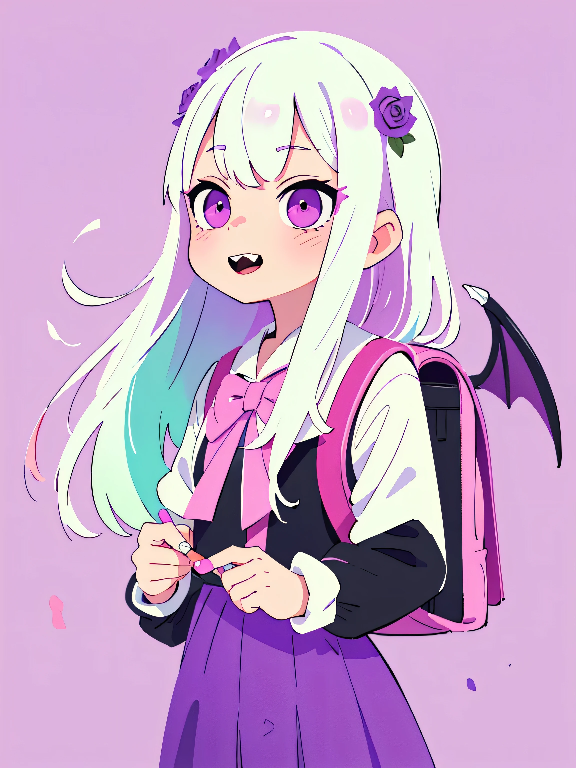 (best quality,ultrares,masterpiece:1.2) (watercolor: 1.2) (pastel colors: 1.6) 1 vampire girl solo, , (black-themed serafuku), magenta eyes, Cute detailed face, detailed eyes, (long white hair), (simple purple background), (purple randoseru backpack), holding red roses, fangs, black wings