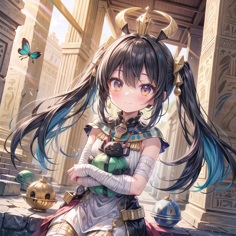 "Lovable mummy girl, bandages with cute patterns, big curious eyes. Exploring ancient Egyptian temple, hieroglyphs coming to life. Soft, golden lighting. Sweet smile, partially unwrapped face. Colorful amulets, pet scarab beetle."