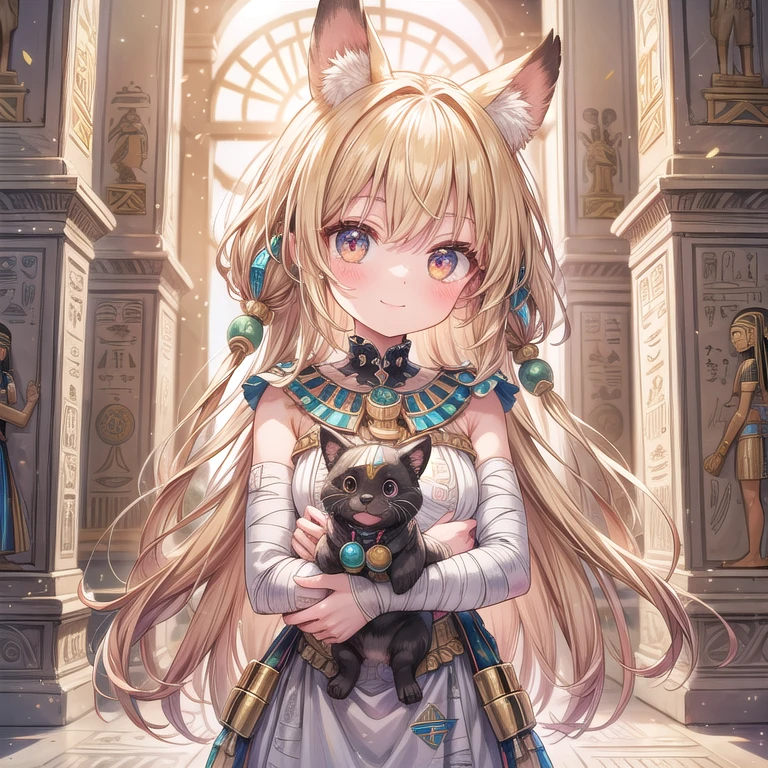 "Lovable mummy girl, bandages with cute patterns, big curious eyes. Exploring ancient Egyptian temple, hieroglyphs coming to life. Soft, golden lighting. Sweet smile, partially unwrapped face. Colorful amulets, pet scarab beetle."