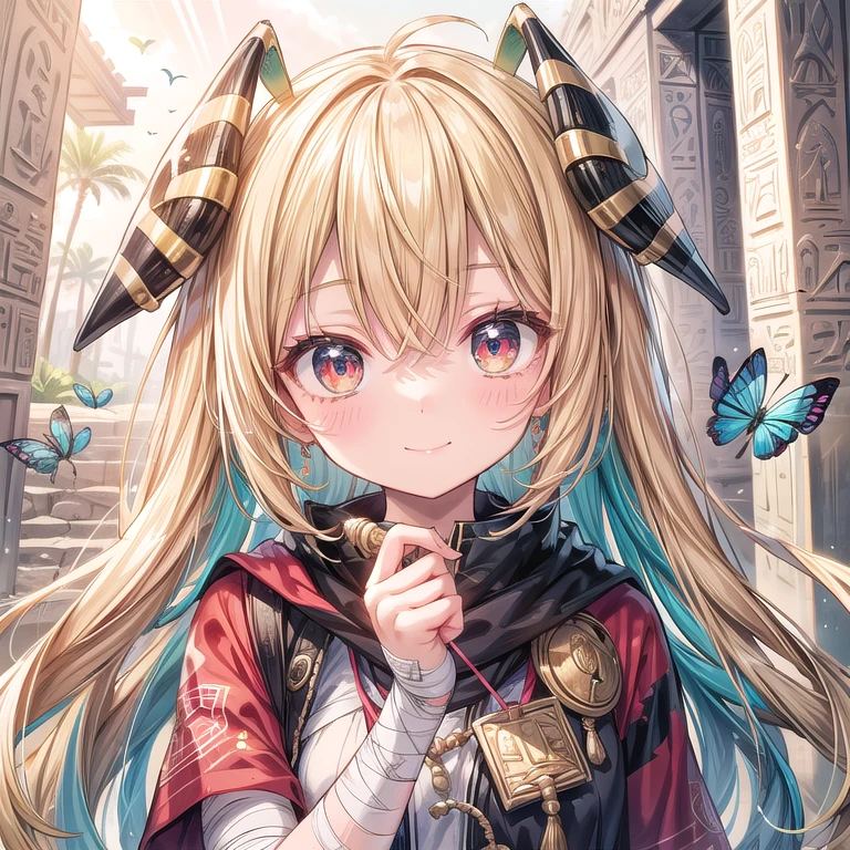"Lovable mummy girl, bandages with cute patterns, big curious eyes. Exploring ancient Egyptian temple, hieroglyphs coming to life. Soft, golden lighting. Sweet smile, partially unwrapped face. Colorful amulets, pet scarab beetle."