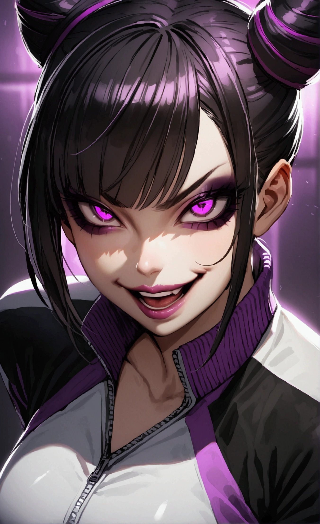 dark eye shadow,shining eyes,beautiful young fitness woman with , in a gym wearing May with black pantyhose, tight white and purple gym jacket. standing alone,hair horns,glowing purple eyes,Evil smile,legging preto ,labiaa,dark eye shadow,shining eyes,close up,open mouth with big evil smile
