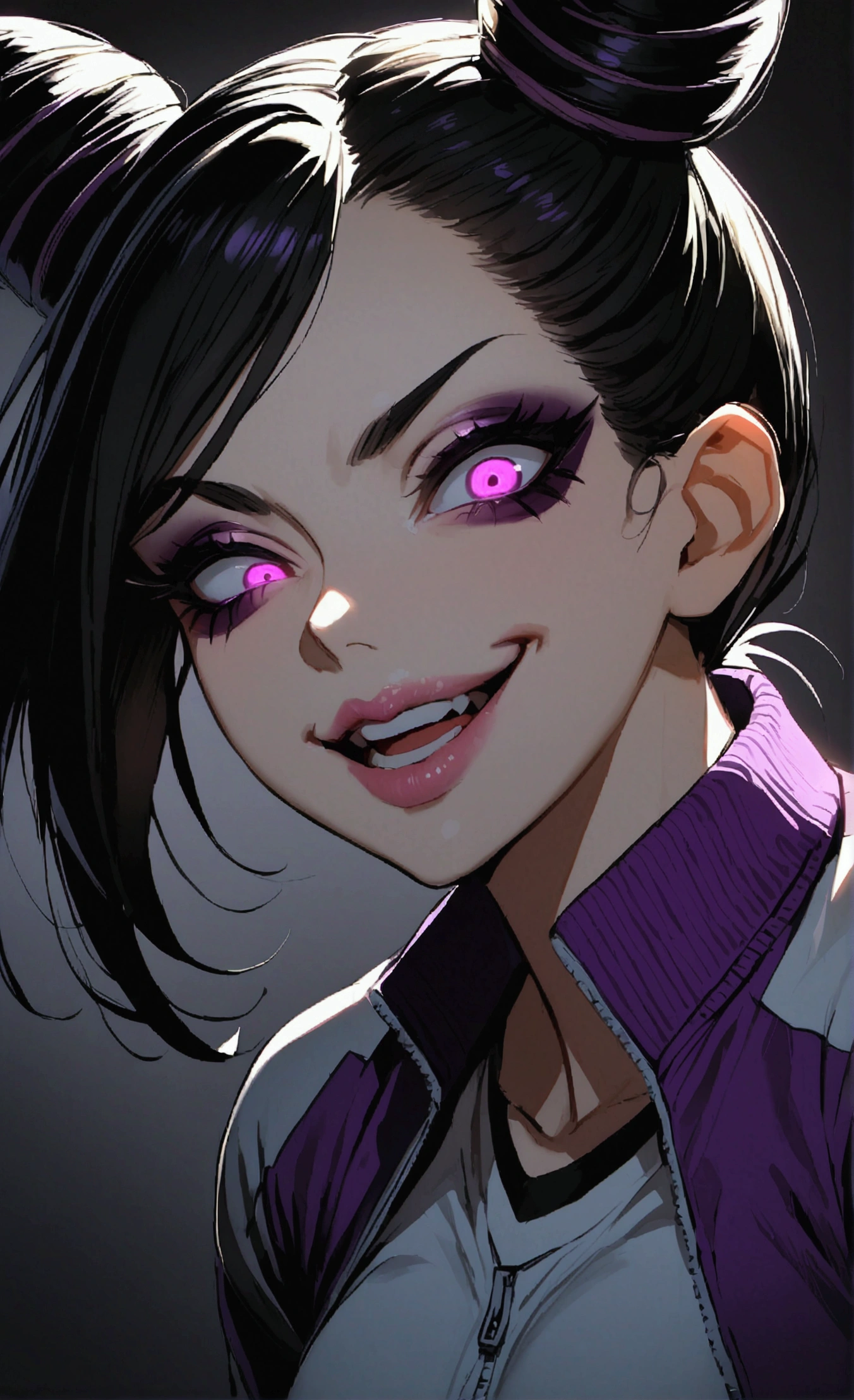 dark eyeshadow,glare eyes,beautiful young fitness woman with , in a gym wearing May with black pantyhose, white and purple fitted gym jacket. standing alone,hair horns,bright purple eyes,Evil smile,legging preto ,lips,dark eyeshadow,glare eyes,close up,mouth open with a big evil smile