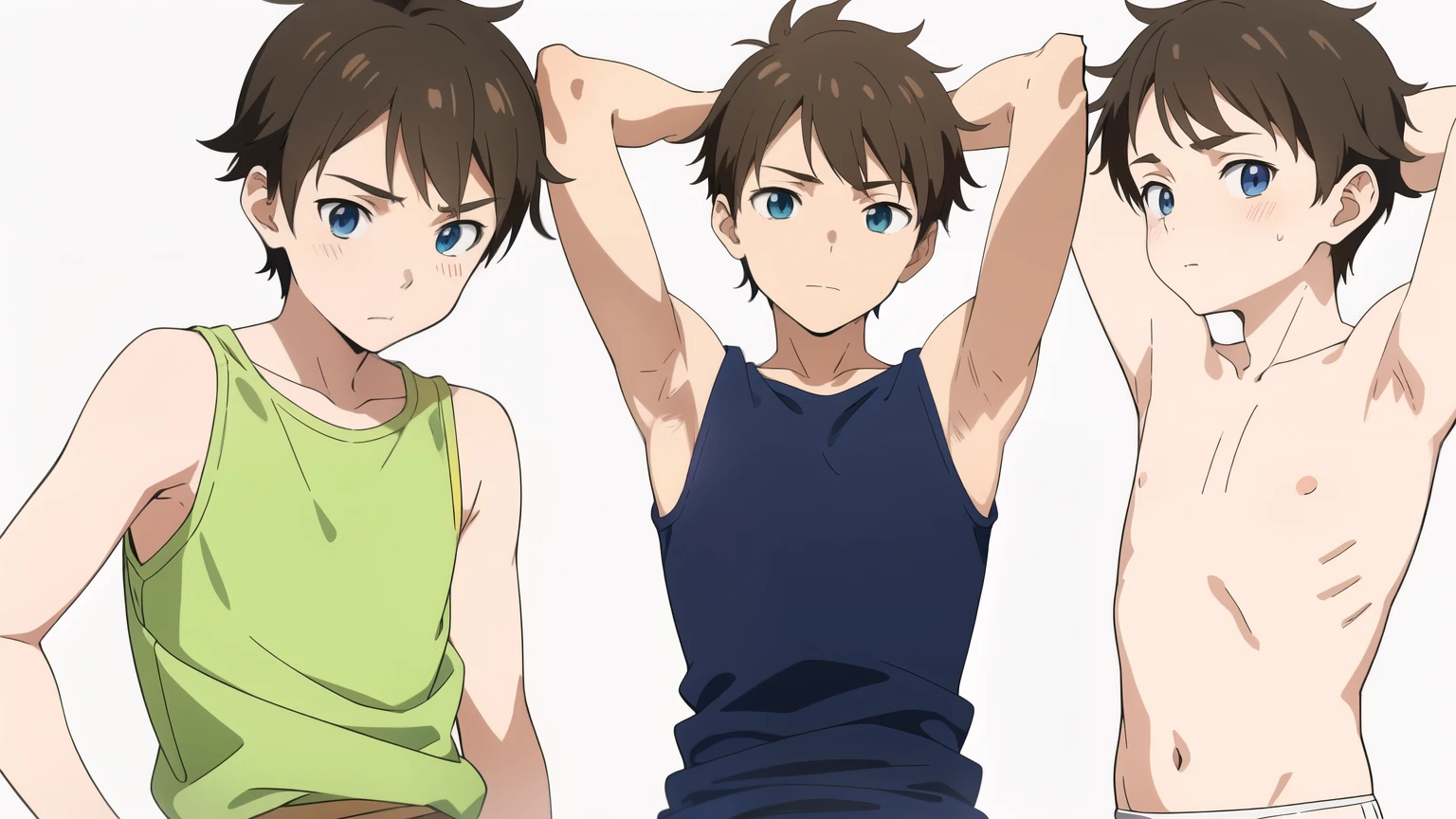 Highres, Masterpiece, Best quality at best,Best Quality,hight quality, hight detailed, Anime style, age 12, 3boy, Tree boy, Shota, Only tree people, young boy, upper body, slim body, Sleeveless shirt, bare shoulder, grey background, (Showing armpit:1.3), Give me a picture of the armpit of a young boy, the armpit looks clean and smells good, the armpit is very beautiful, the boy is teasing using his armpit, shine closer to the armpit, Cute armpit, Sexy armpit, seductive armpits, Such a cute smooth armpit, The armpits of a 12 year old boy, Adorable little armpits, Give me a proportional picture of a 12 year old boy's armpits, (very young boy), (Very small and short body), uhd, bokeh