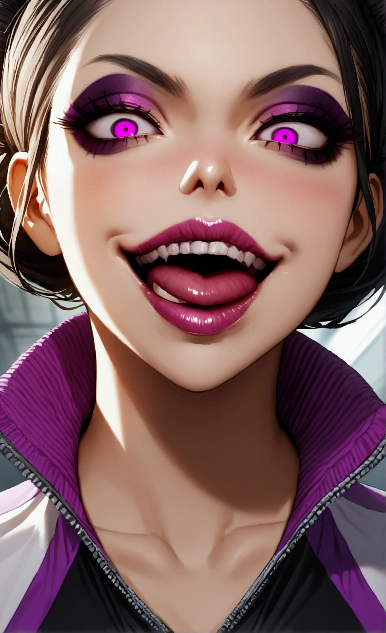 dark eyeshadow,glare eyes,beautiful young fitness woman with , in a gym wearing May with black pantyhose, white and purple fitted gym jacket. standing alone,hair horns,bright purple eyes,Evil smile,legging preto ,lips,dark eyeshadow,glare eyes,close up,mouth open with a big evil smile