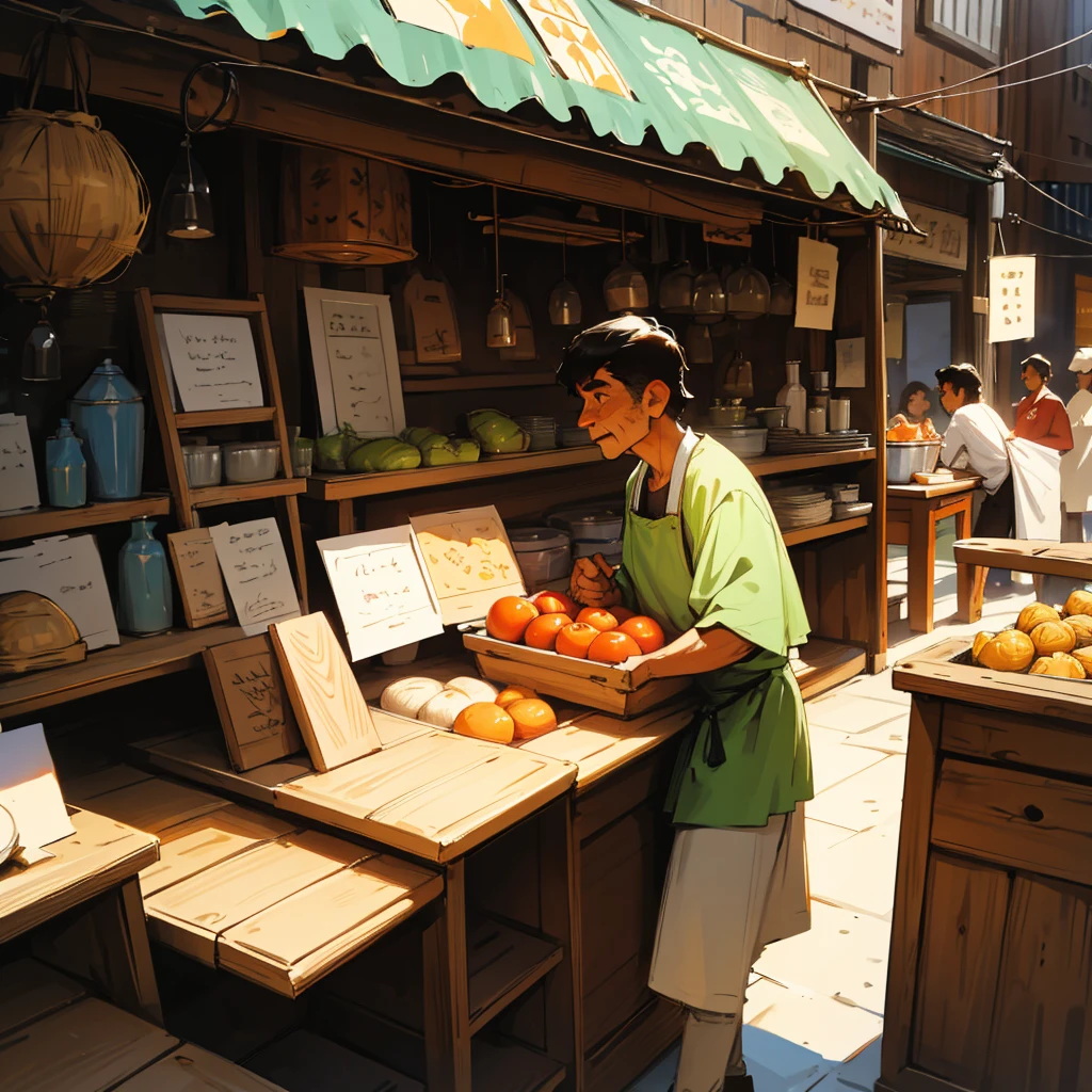 A bustling village market with colorful stalls and people milling about. Arif stands proudly behind a stall displaying his handcrafted furniture—chairs, tables, and small wooden items. His appearance is consistent: short black hair, rugged clothes with a leather apron. His face is bright with hope as he interacts with a potential customer. The atmosphere is lively and filled with a sense of budding success