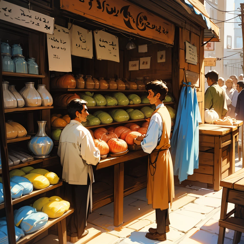 A bustling village market with colorful stalls and people milling about. Arif stands proudly behind a stall displaying his handcrafted furniture—chairs, tables, and small wooden items. His appearance is consistent: short black hair, rugged clothes with a leather apron. His face is bright with hope as he interacts with a potential customer. The atmosphere is lively and filled with a sense of budding success