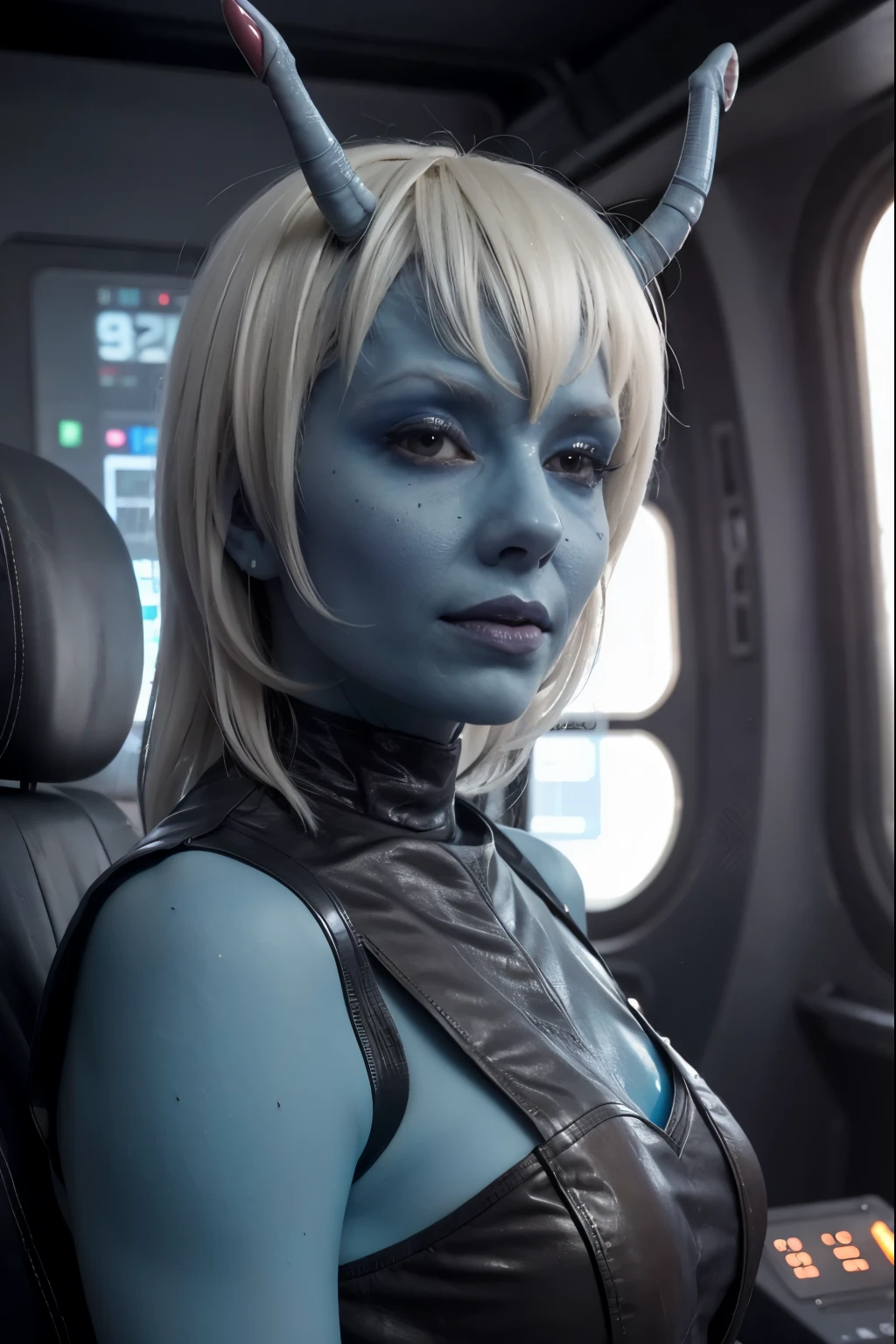 andorian woman, (alien:1.3), white hair, blue skin, antennae, leather armor, scifi starship interior,  