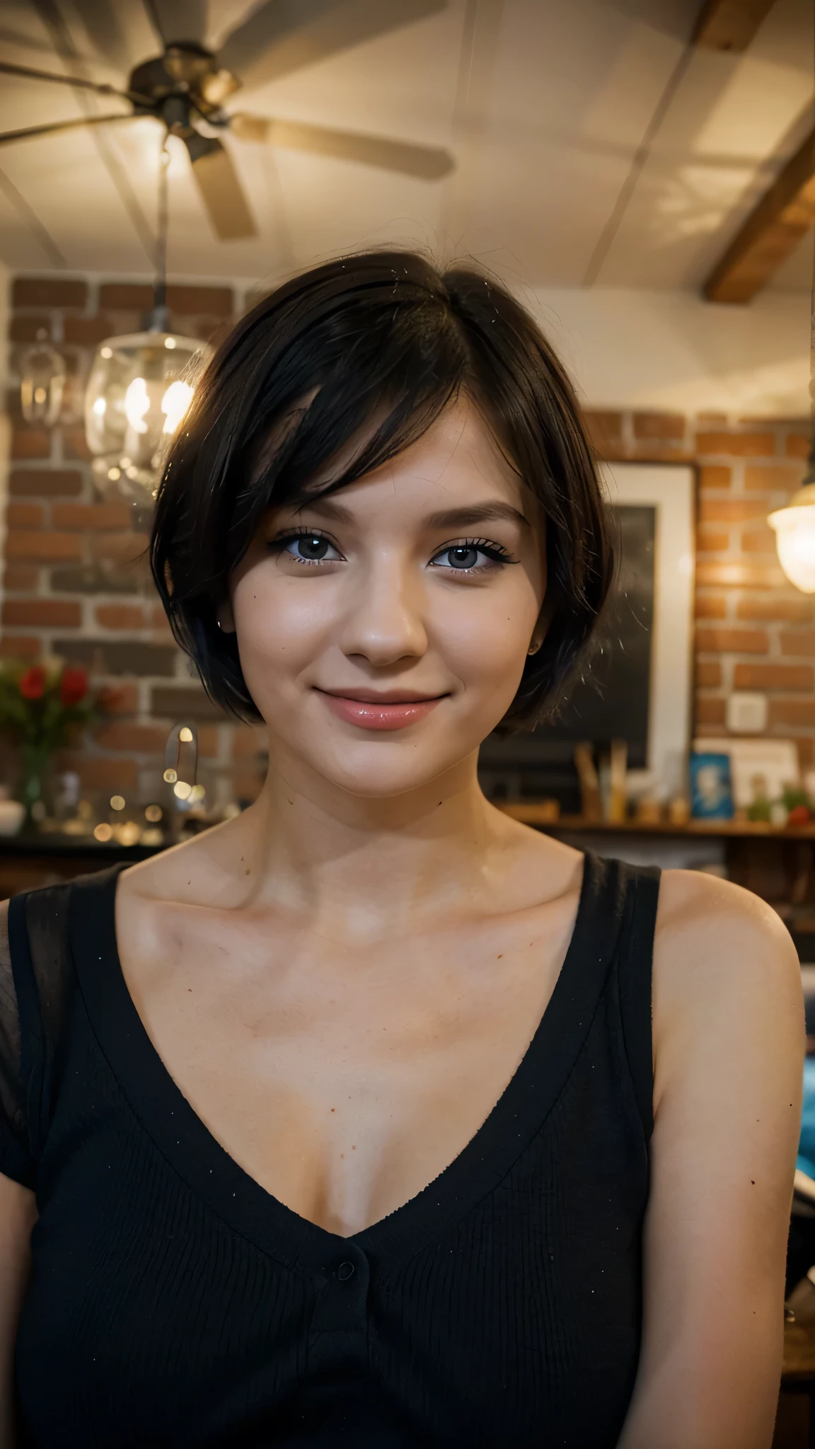 poland woman, black short hair, blue eyes, 24 years old, smile, crafting, wearing