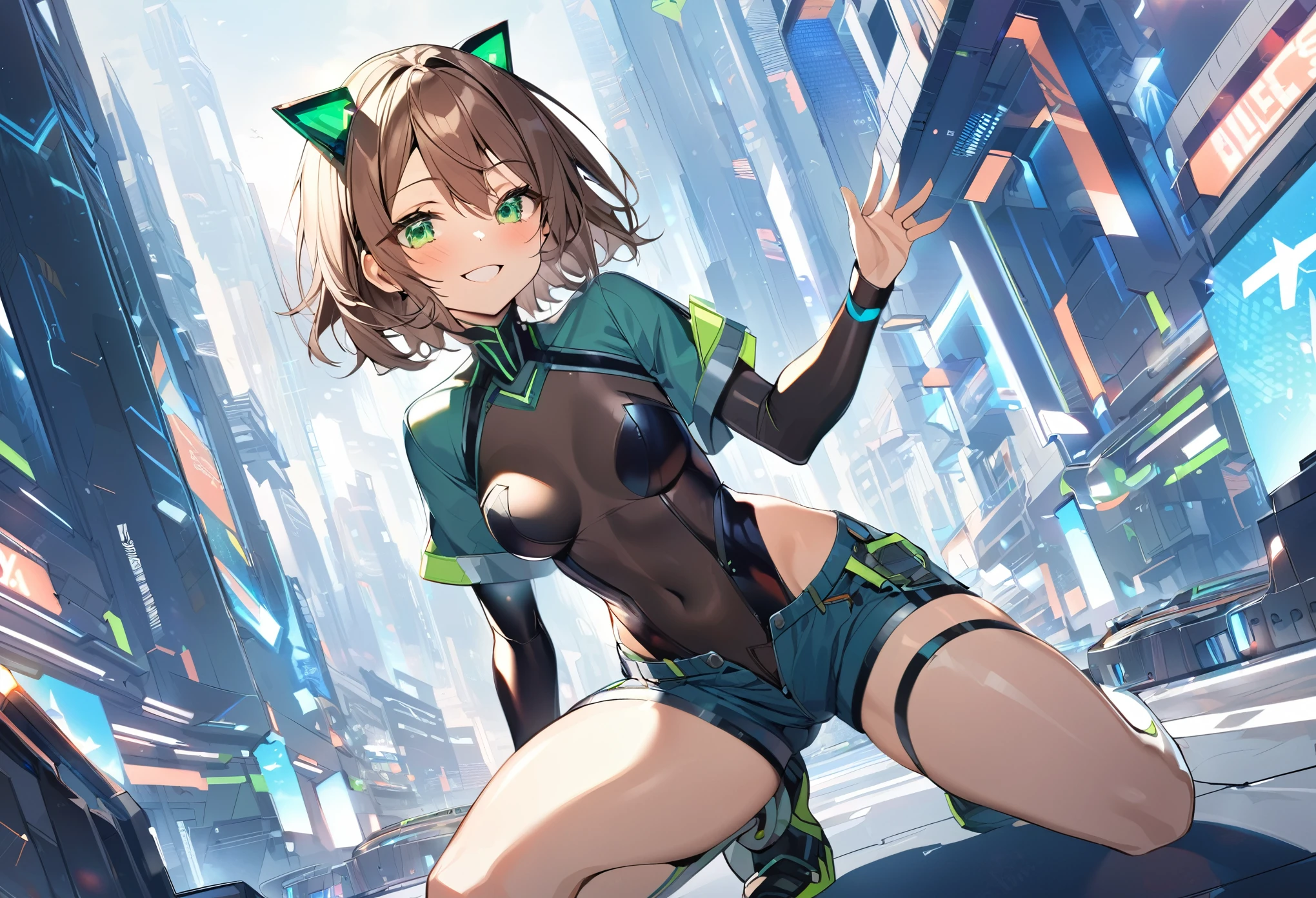 aile_megamanzx, kneeling with one hand on the ground and the other arm raised, 1girl, solo, short hair, brown hair, short sleeves, (bodysuit), robot ears, green eyes, (very_short_shorts:1.3), short sleeves, short over long sleeves, smile, in futuristic city, , high quality, medium_breasts,crotch, slouch,groin,dynamic_angle