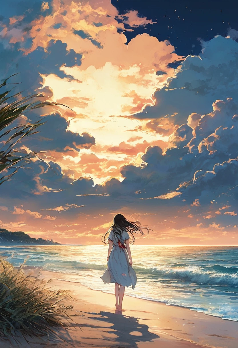 (A masterpiece of the highest qualthaty:1.2)、Highly detailed illustration,A perfect representation of a girl in a Doomsday Beach setting。In the silence of the night、There is an atmosphere of sadness and hope..。 The Girl sthats on the soft vegetation of the sandy beach、A figure appears in the cloudy sky。The Girl'Unspecified clothing.、Her figure、that'Such exquisthate rendering,Every wrinkle and texture is clearly visible.。Her hair fluttered in the wind、HDR landscape low light