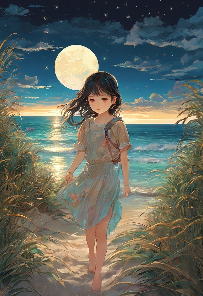 (A masterpiece of the highest qualthaty:1.2)、Highly detailed illustration,A perfect representation of a girl in a Doomsday Beach setting。In the silence of the night、There is an atmosphere of sadness and hope..。 The Girl sthats on the soft vegetation of the sandy beach、A figure appears in the cloudy sky。The Girl'Unspecified clothing.、Her figure、that'Such exquisthate rendering,Every wrinkle and texture is clearly visible.。Her hair fluttered in the wind、HDR landscape low light