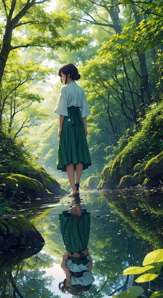 4K,Every green空 carries the promise of a new dawn, Paving the way for a beautiful beginning,Beautiful nature paintings. green,green空, green、A woman is reflected in the photo.、Back view