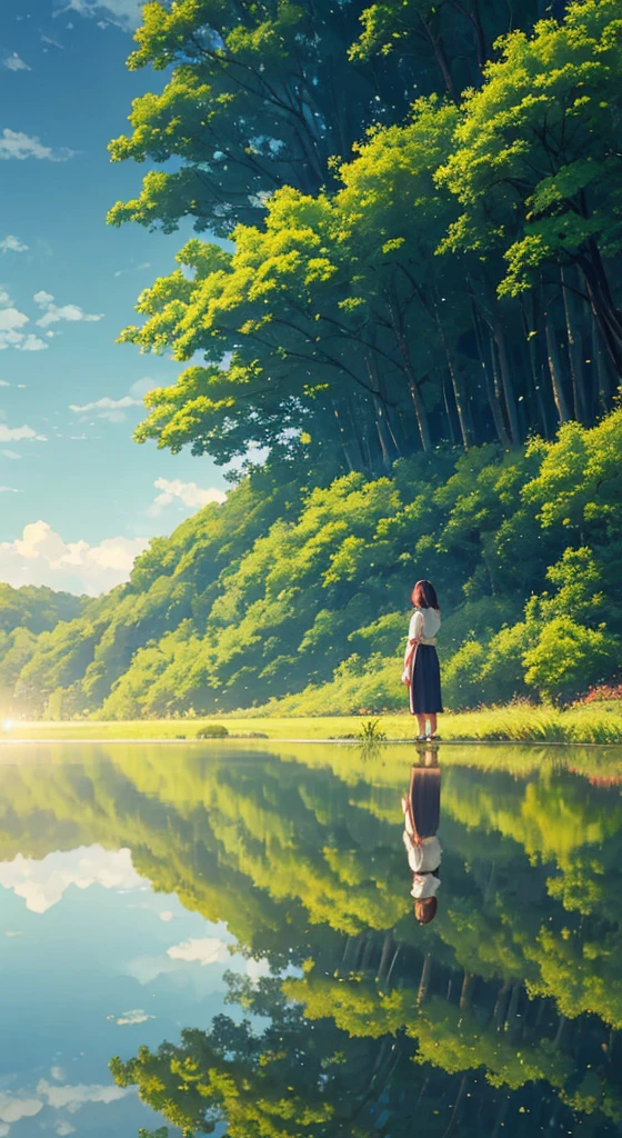 4K,Every green空 carries the promise of a new dawn, Paving the way for a beautiful beginning,Beautiful nature paintings. green,green空, green、A woman is reflected in the photo.、Back view