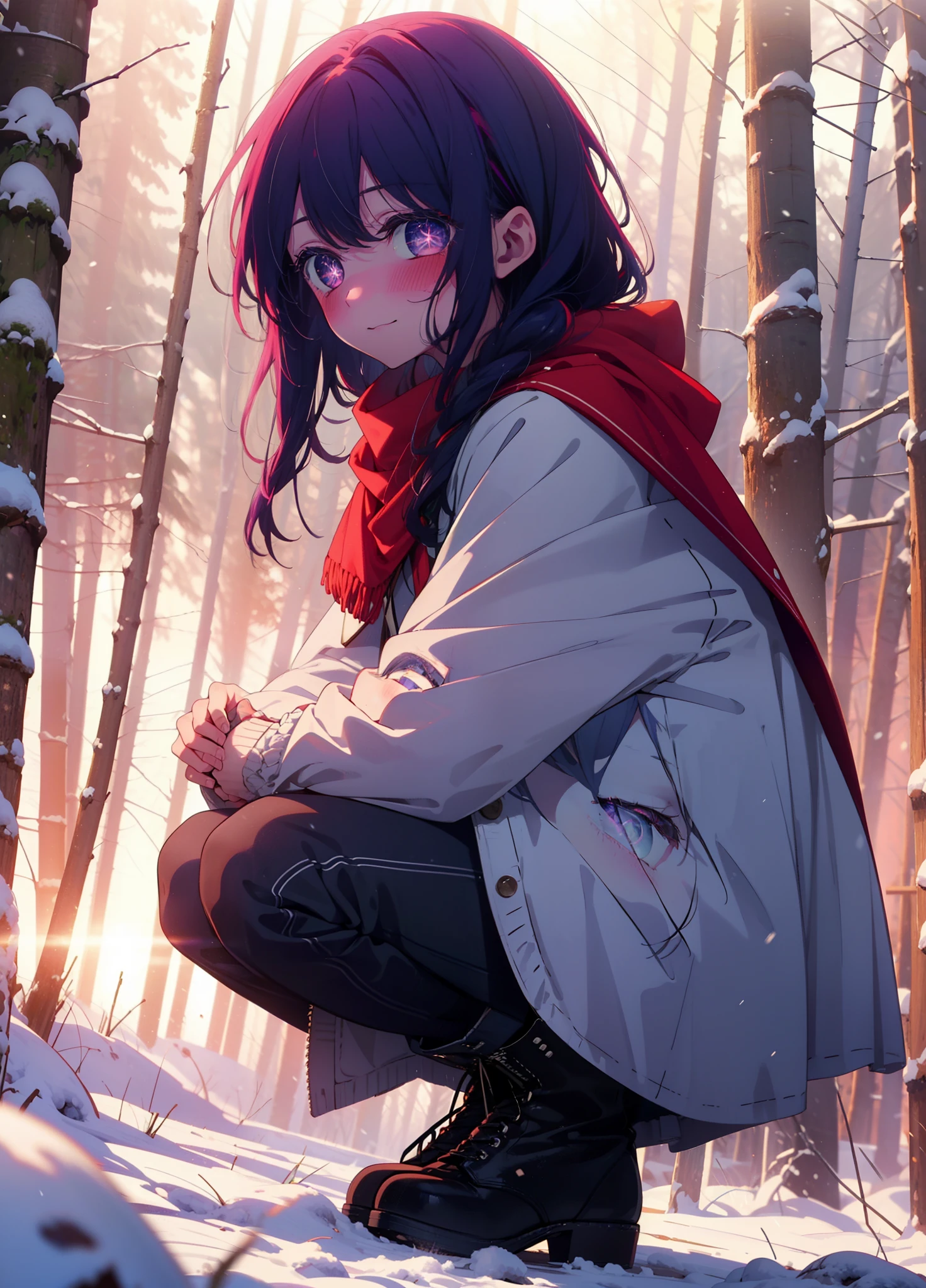 aihoshino, Ai Hoshino, Long Hair, bangs, (Purple eyes:1.1), Purple Hair, (Symbol-shaped pupil:1.5), smile,,smile,blush,white breath,
Open your mouth,snow,Ground bonfire, Outdoor, boots, snowing, From the side, wood, suitcase, Cape, Blurred, , forest, White handbag, nature,  Squat, Mouth closed, Cape, winter, Written boundary depth, Black shoes, red Cape break looking at viewer, Upper Body, whole body, break Outdoor, forest, nature, break (masterpiece:1.2), Highest quality, High resolution, unity 8k wallpaper, (shape:0.8), (Beautiful and beautiful eyes:1.6), Highly detailed face, Perfect lighting, Highly detailed CG, (Perfect hands, Perfect Anatomy),