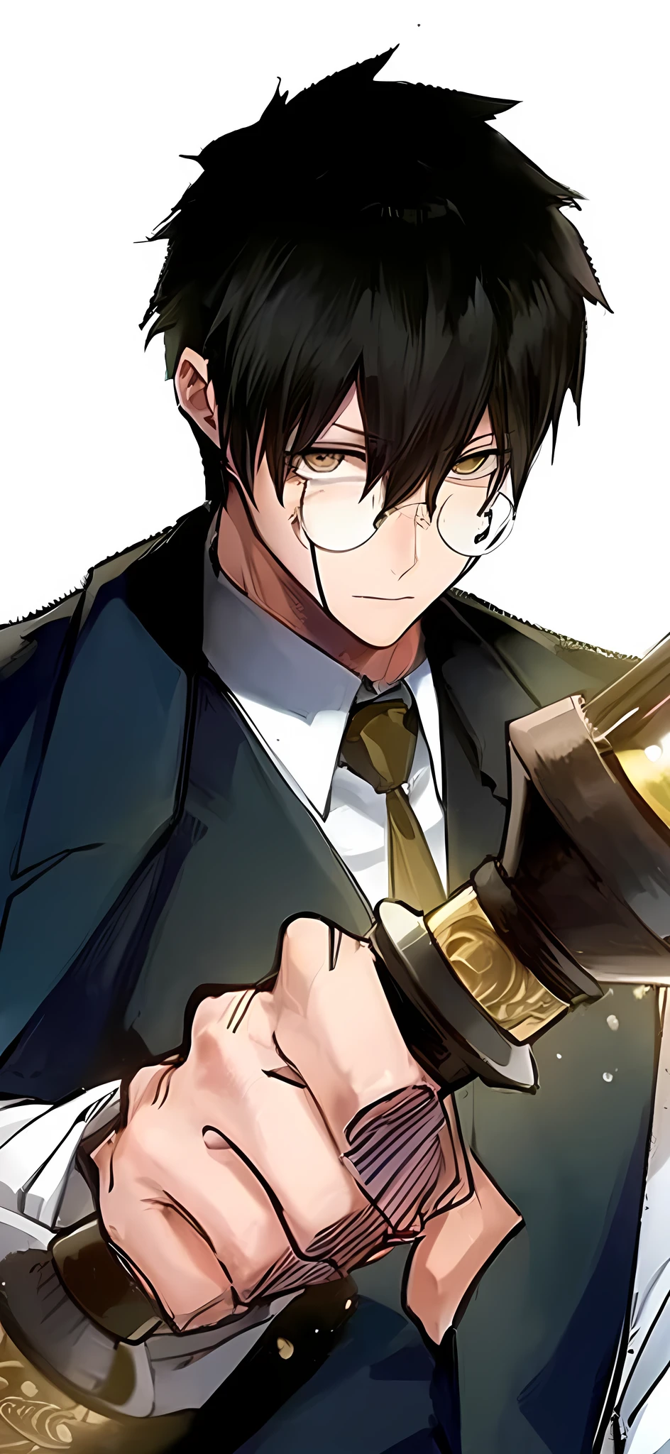Anime man in a suit holds a wand and glasses., His iris is yellow and a swirl pattern on top, portrait Kapmoe Yandere grimdark, Inspired by Okumura Masanobu, Kentaro Miura manga art style, Hijikata Toshiro, call anime style, Kentaro Miura manga style, Kapmoe Yandere, Shigenori Zoejima illustration, anime moe art style