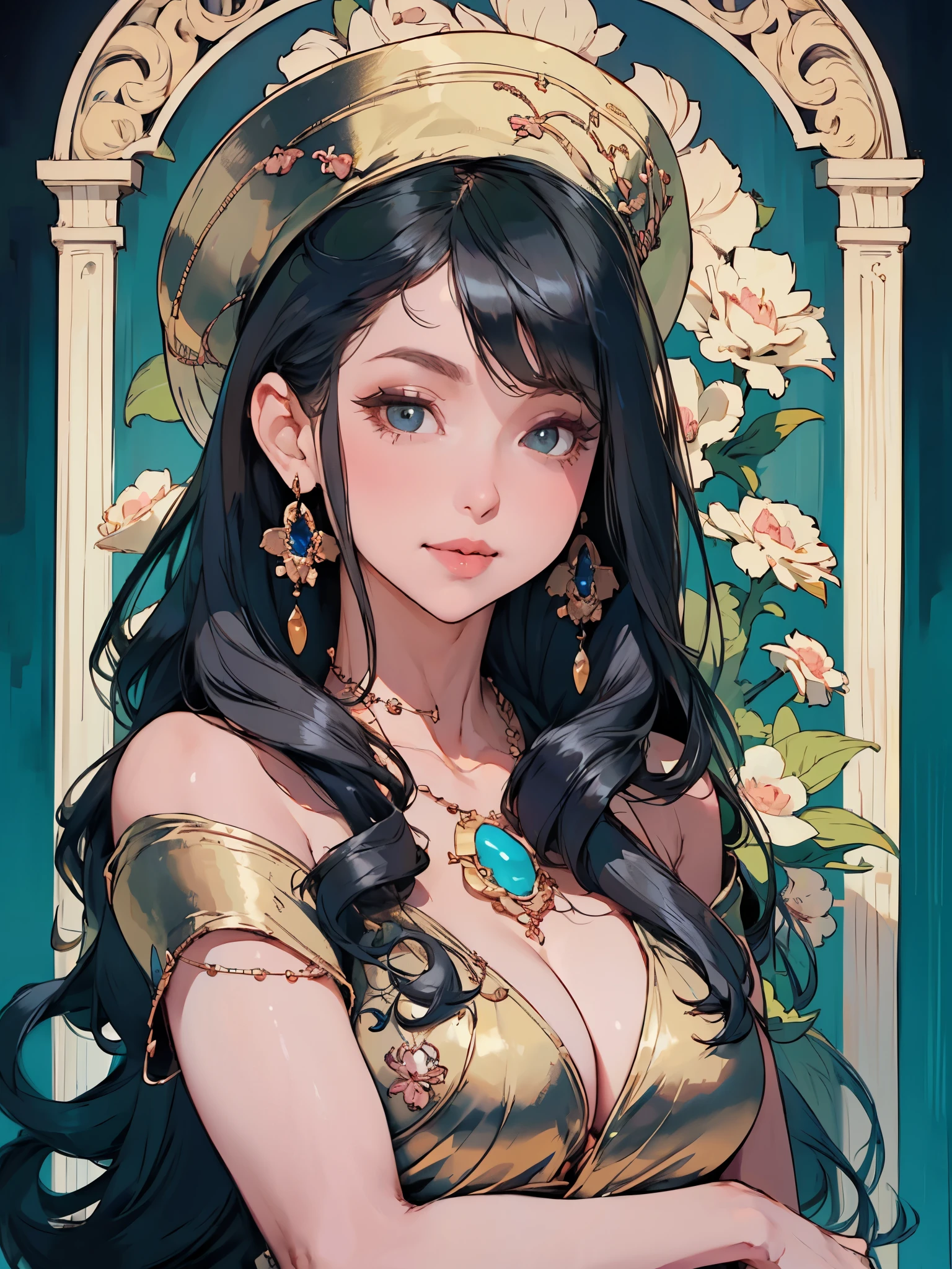 1girl, bust portrait, detailed face, looking at viewer, detailed hair, curly hair, full lips, detailed eyes, intricate jewelry hat, blush, detailed skin, shoulder, drapped dress, sideboob, soft lighting, (realistic, photorealistic), masterpiece, highest quality, hazel eyes, black hair, earrings, parted lips, smile, art nouveau,