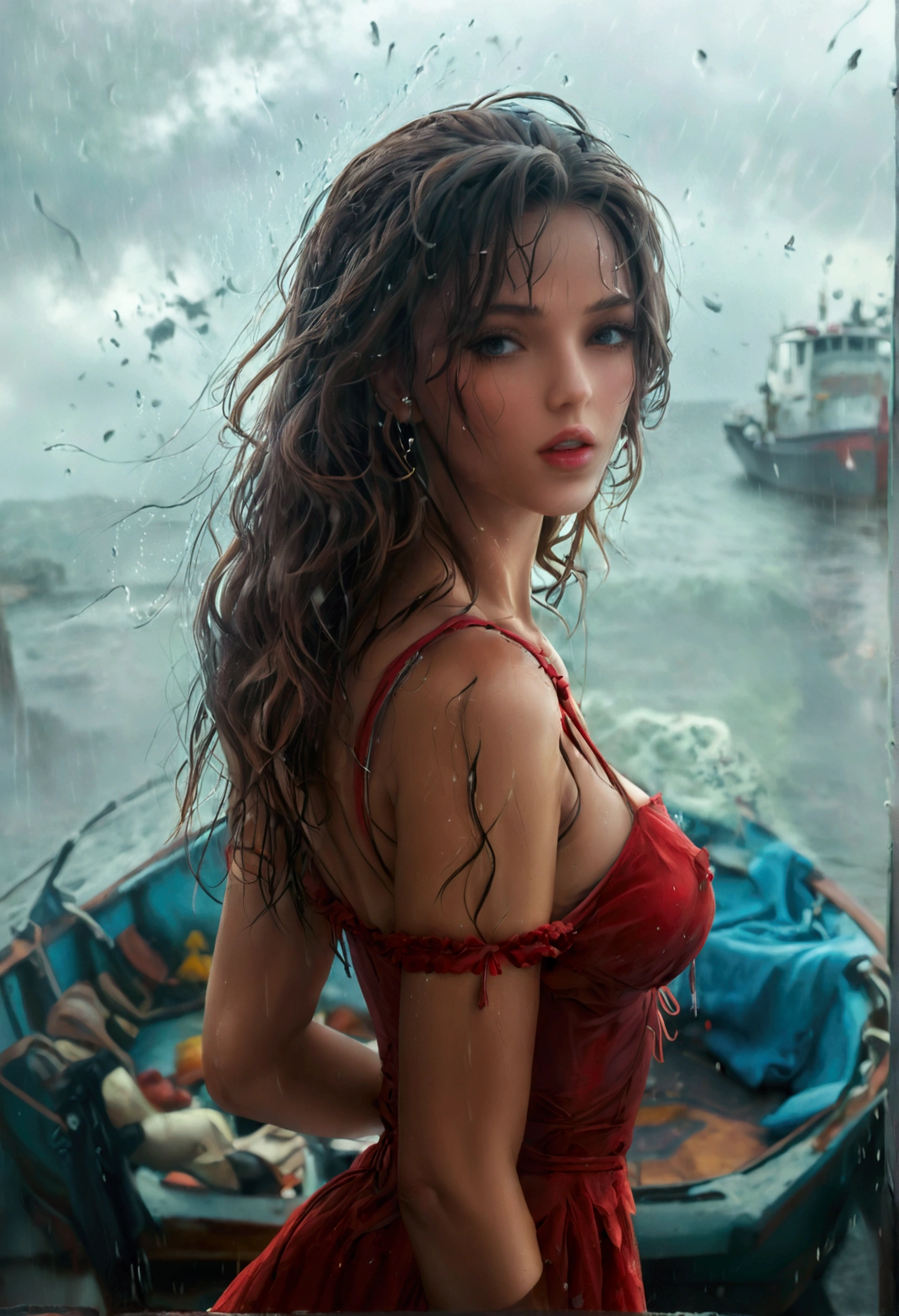 seaside,Trestle,Sexy Beauty,High heel,beauty,wind and rain,Boat,Foggy Day