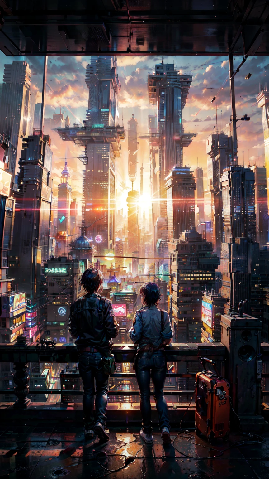 anime couple sitting on a balcony watching the sunset, watching the sun set. anime, lofi artstyle, anime background art, anime style cityscape, beautiful anime scene, lofi art, in style of makoto shinkai, 4 k manga wallpaper, makoto shinkai cyril rolando, hd anime cityscape, ilya kuvshinov landscape, 4k anime wallpaper