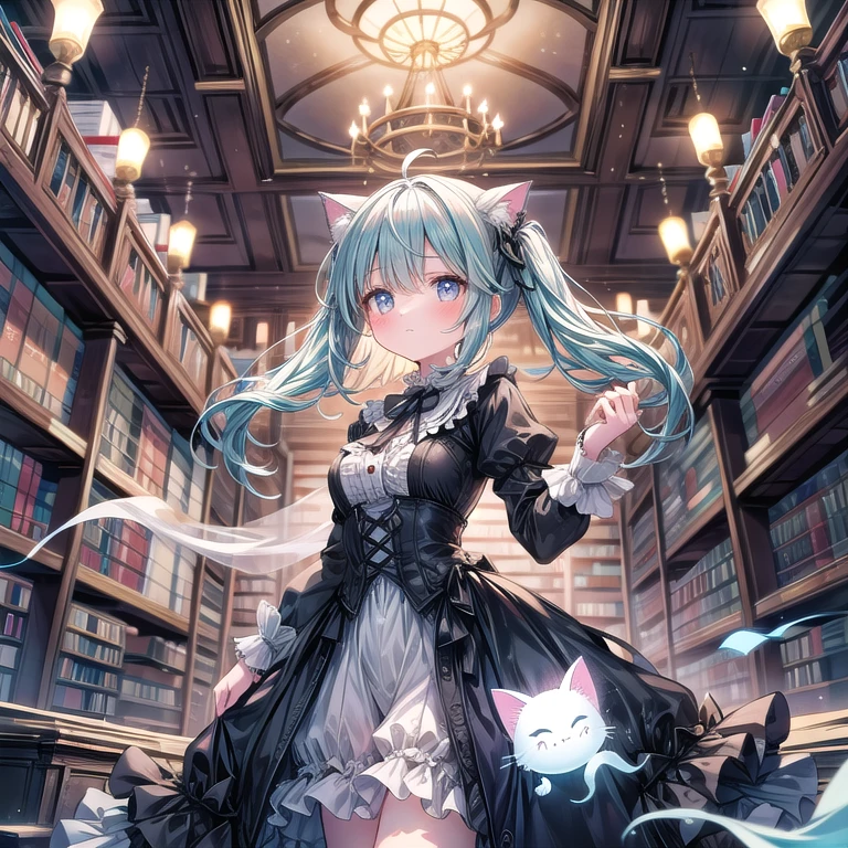 Adorable ghost girl, translucent pastel form, big sparkling eyes. Floating in haunted library, surrounded by glowing books. Soft, ethereal lighting. Playful expression, wispy hair. Delicate Victorian-style dress, spectral cat companion.