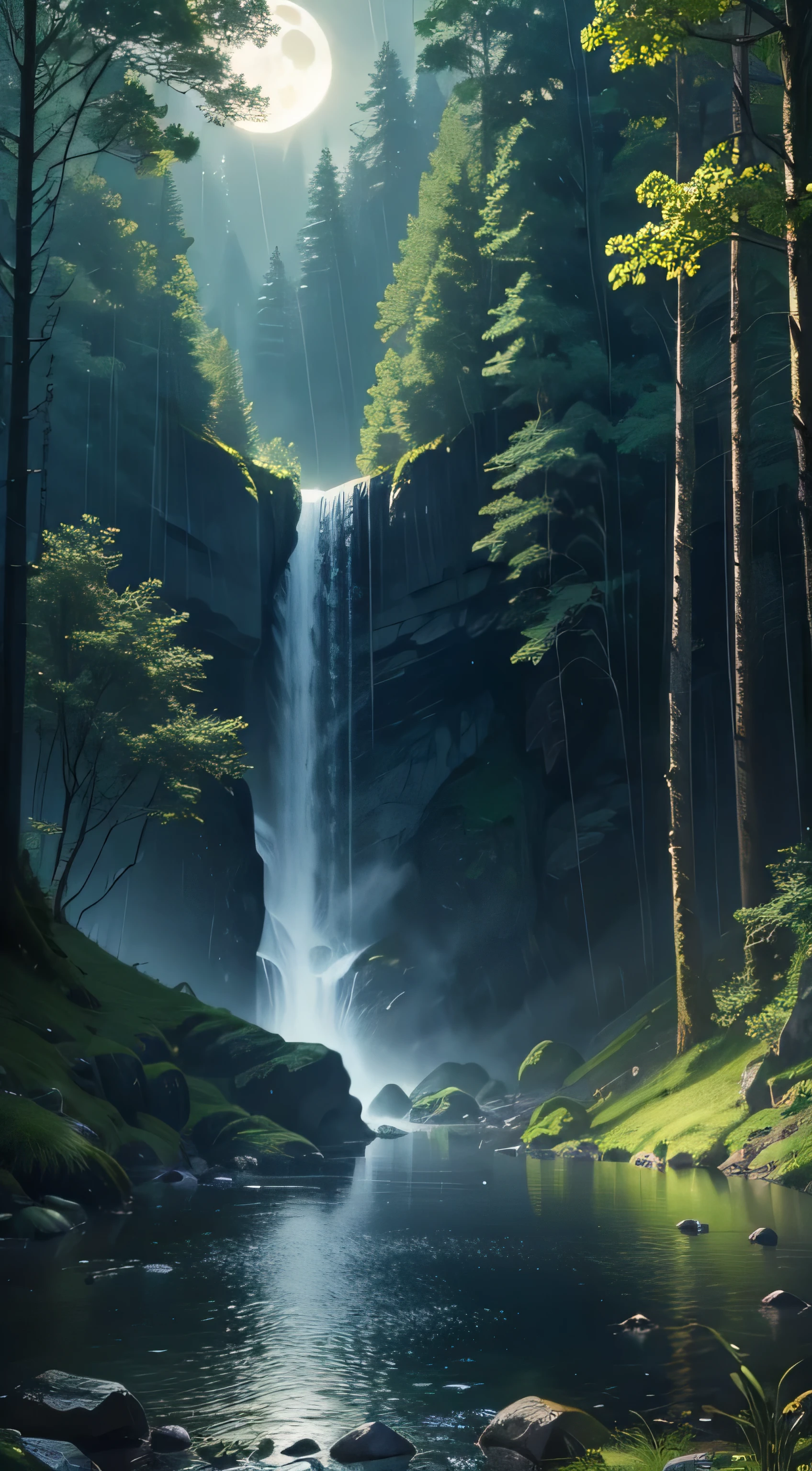 masterpiece,Ultra-realistic 8K images,rain,Green Forest, Bright and beautiful night,full moon ,waterfall,