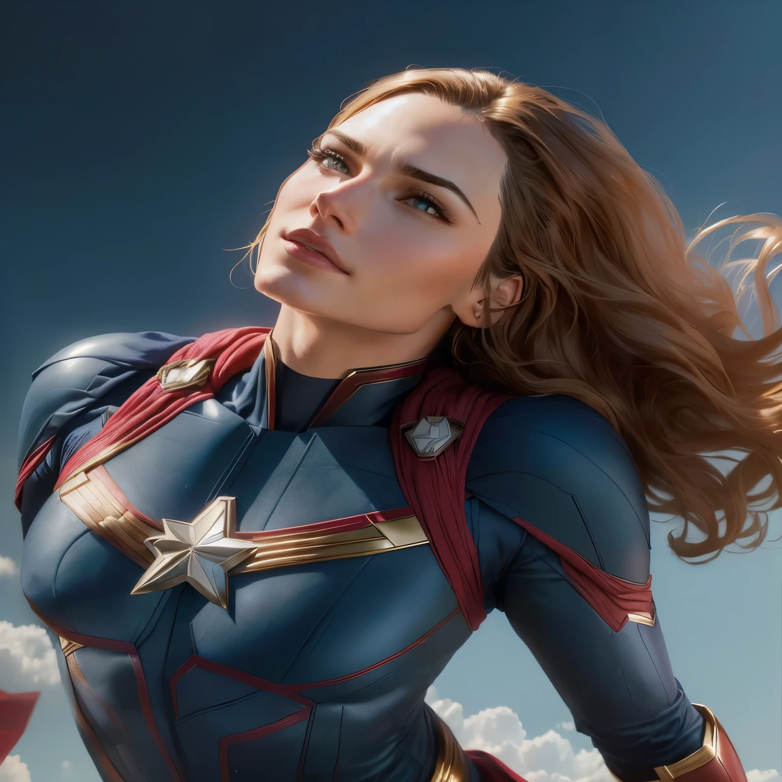 CAPTAIN WONDER is posing for a photo in a suit, Medium close-up ( Mcu ), CAPTAIN WONDER, no text, gal gadot as CAPTAIN WONDER, wonder style, from marvel studios, portrait, in wonder style, full body portrait de jean gris, portrait de jean gris, wonder style, closeup portrait, Profile picture, close up view, itzy's daughter