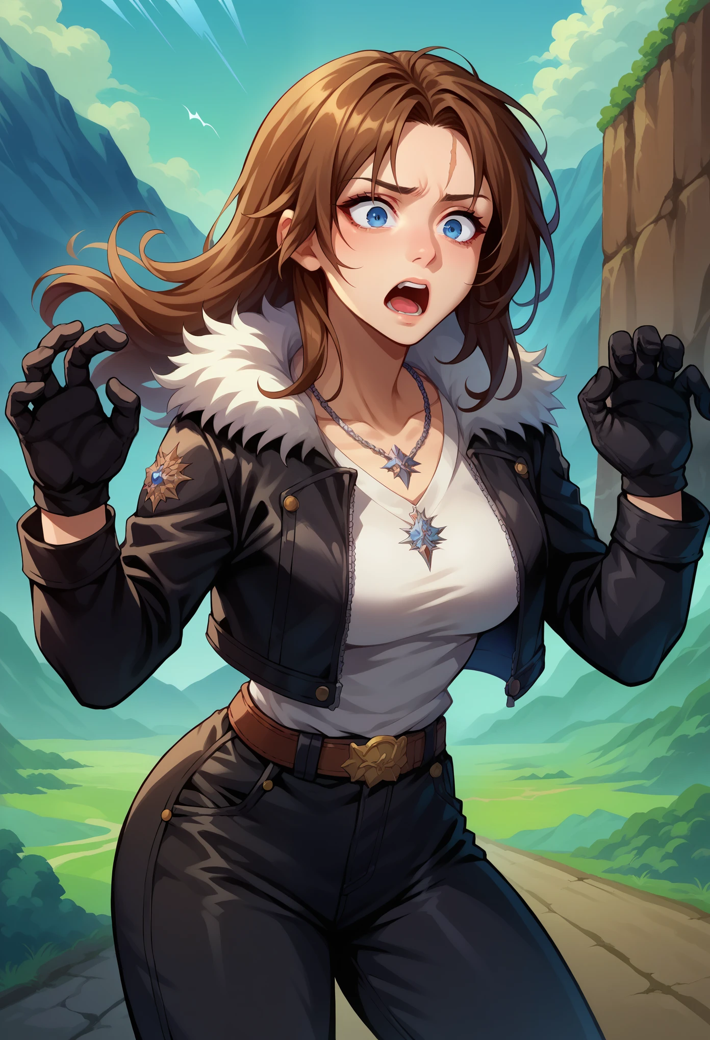 score_9, score_8_up, score_7_up, 1girl, female focus, solo, squall, medium breasts, necklace, brown hair, long hair, gloves, white shirt, blue eyes, shirt, black gloves, jacket, black jacket, fur trim jacket, black pants, belt, scar, diagonal scar, scar on face, parted bangs, sweathing, shaking, thin waist, leaning forward, shocked face, scared, screaming, stiff hands, standing, looking down, landscape,
