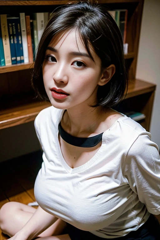 (Highest quality, 8k, 32K, masterpiece, Ultra-high resolution:1.2),Beautiful Japanese Women Photos, 18 ~ Random age up to 35 years old,Cleavage、Medium meat、Sexy thighs、,(black,short hair:1.2),In front of the bookshelves in the library,(Open white shirt:1.3),Without skirt,Off the shoulder,(Shooting from the air:1.4),Looking at the audience,Sitting floor,Wooden floor,(Big face and big breasts:1.4),(Drooling:1.5),blush,(close:1.2)mouth half open、,Detailed face,