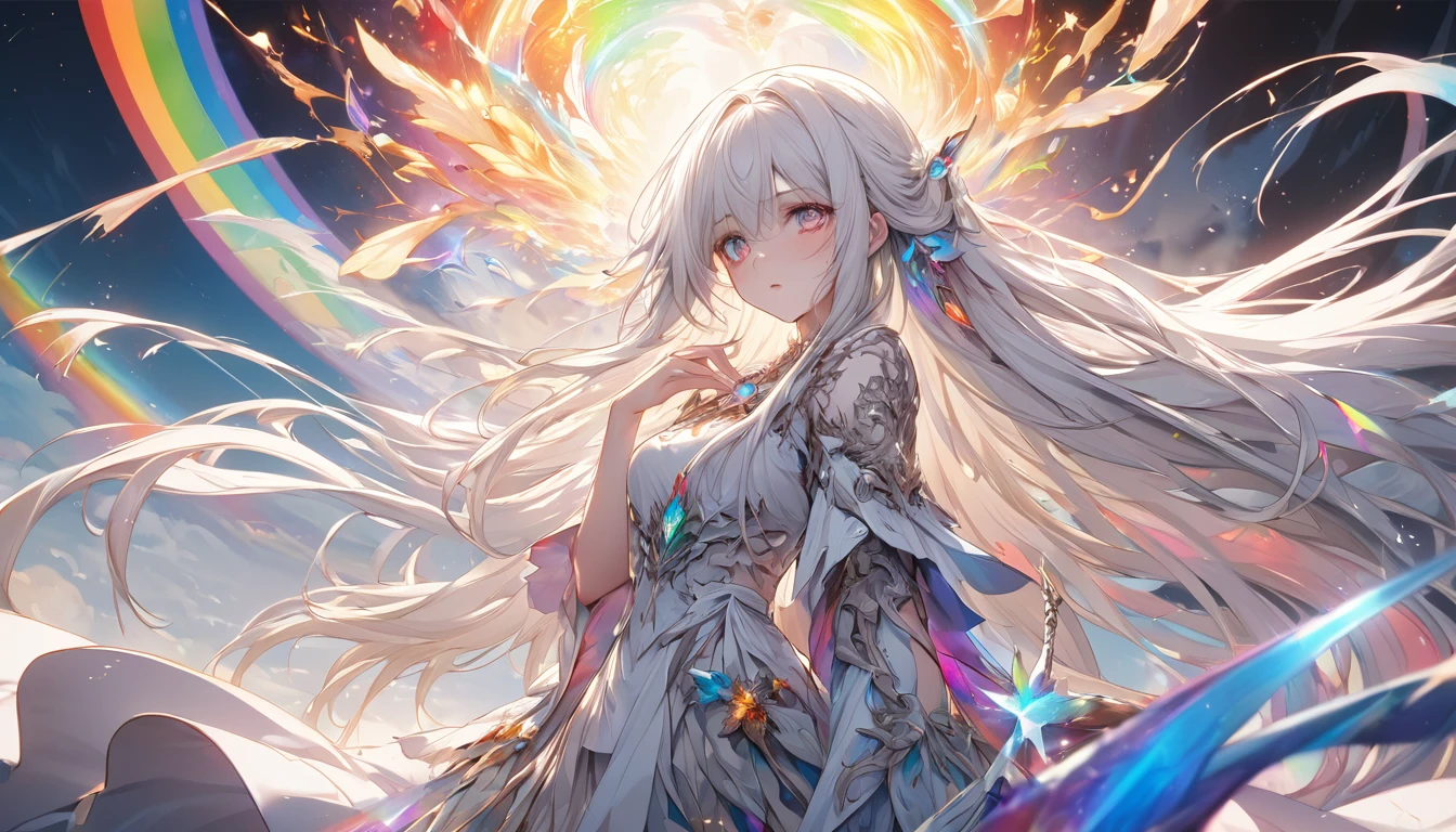 **135. One person。mysterious。Long-haired white-haired girl。Cowboy shot or close-up。
masterpiece, best quality, ultra detailed
(Detailed fingers), (Emotional), (Breathtakingly beautiful), (main part: 1.2 Whole body.), (Anime Style), (Very detailed), (Brutal), (超High resolution, High resolution), (8k), (High resolution: 1.2), (Complex and beautiful: 1.2)**
- background: Floating Island々、A rainbow in the sky。
- Long-haired white-haired girl: Delicately drawn fantasy costumes、Sparkling Eyes。I have a magic wand in my hand。
- Effects: Rainbow-colored light emanates from the wand、Floating Island々Magical energy spreads throughout the。
