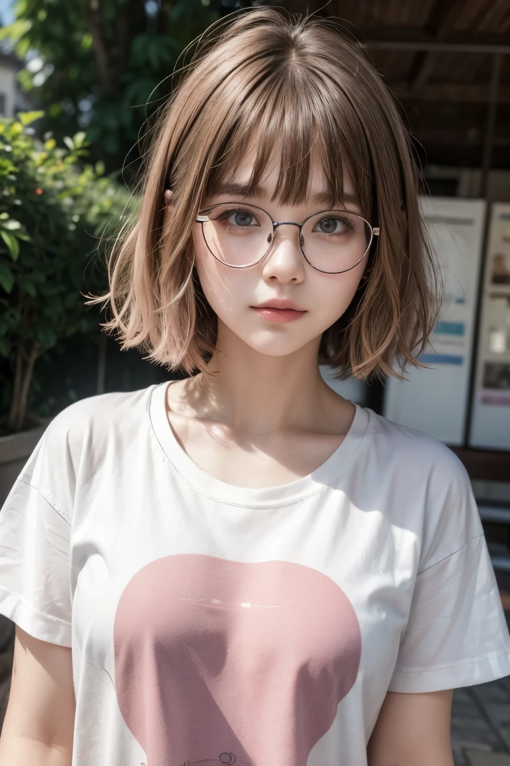 A girl with glasses(a white model, of metal), short hair with brown bangs, roato chubby but not so much and pink t-shirt
