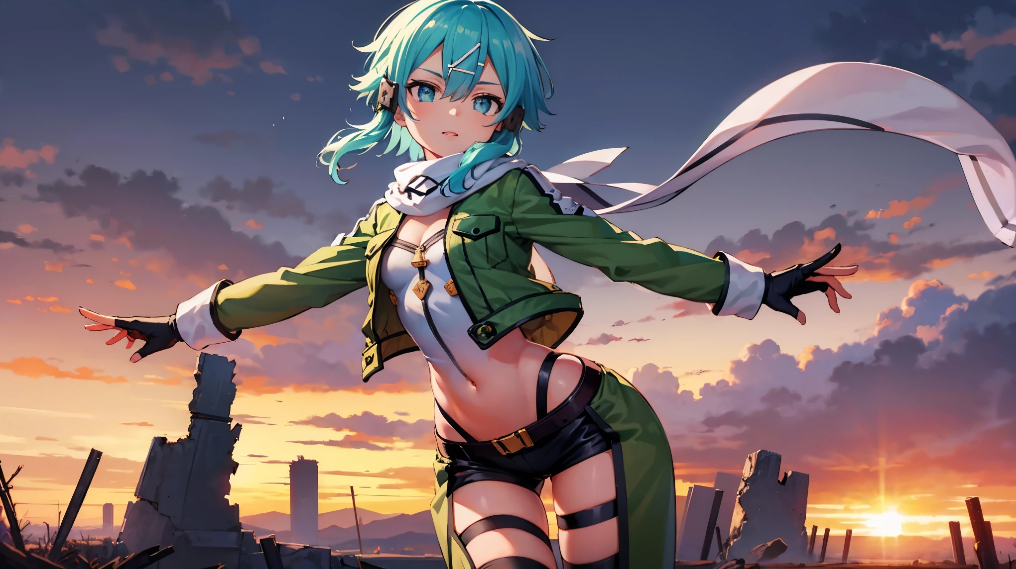 (masterpiece), best quality, expressive eyes, perfect face, highres, sinon1, scarf, fingerless gloves, long sleeves, short shorts,groin, hair ornament, hairclip, green thighhighs, green jacket,covered_nipples, thigh strap, field, sunset_ruins_landscape_background, ruined structures, dynamic_posing, looking at the viewer,,covered_navel,