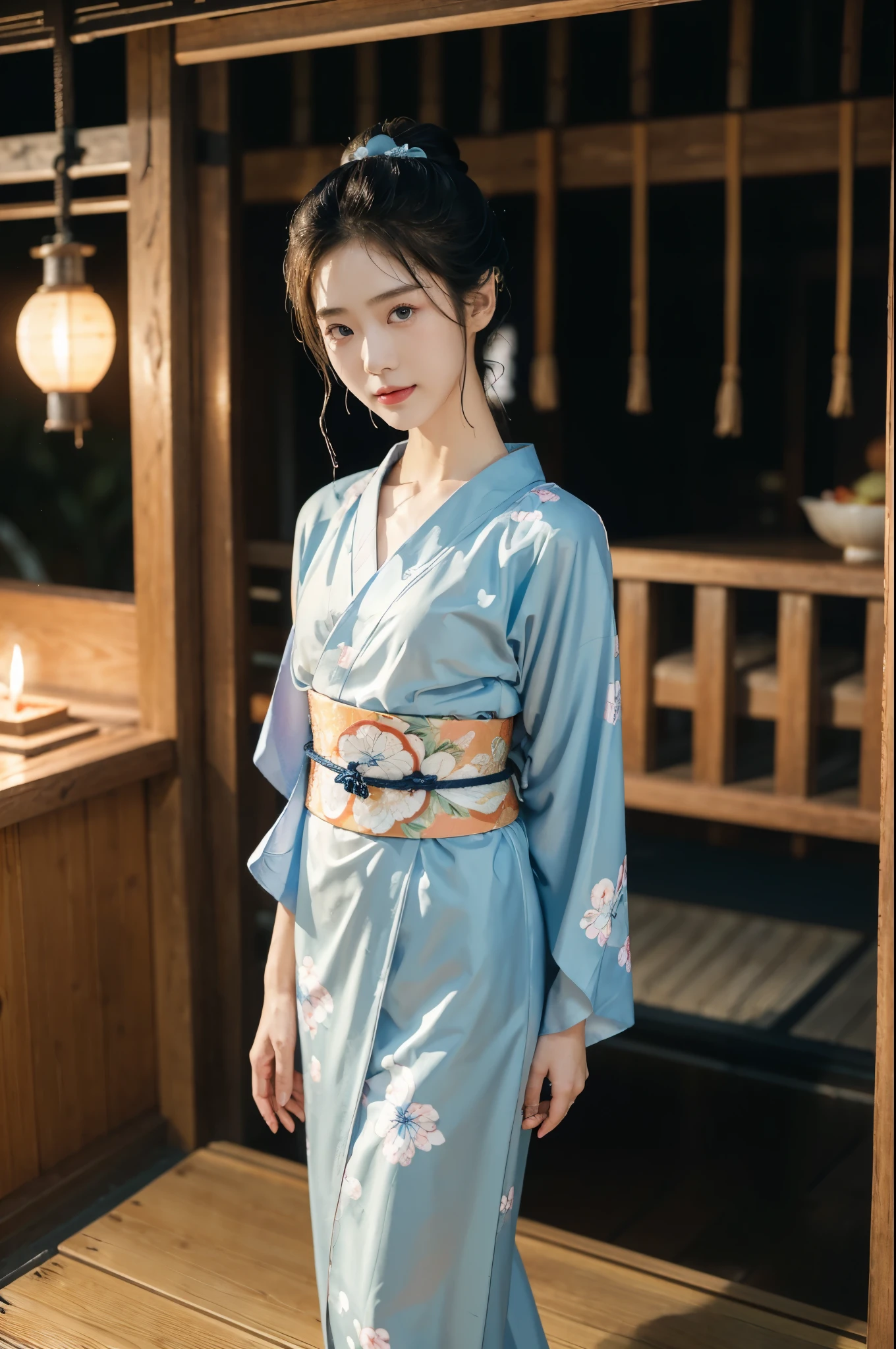 (((best quality))),(((ultra detailed))),(((masterpiece))),illustration,((1 beautiful Japannese girl,solo)),(neat bun:1.2),((slim,thin)),((small breasts,flat chest)),(in izakaya:1.3),(summer:1.2),(rainy:1.3),(indoor:1.2),(night scene:1.3),(wet:1.3),(collar:1.2),(blue floral yukata:1.3),(hakama:1.2),porcelain skin,(slender legs:1.2),(loafers:1.2),rouge,dimly lit,warm glow,ethereal,(standing:1.3),(arms behind back:1.2),sake bottle,half-empty glass,tray,grilled fish,steamed vegetables,half-eaten,melancholic smile,storm,solitude,enigmatic aura,tranquility,chaos,simplicity,mysterious,captivating,((from front,full body))