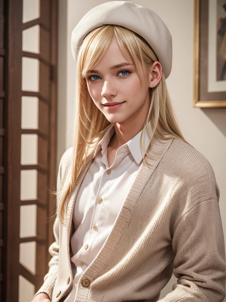 (best quality), 1boy, male, porcelain skin, blonde hair, straight hair, long hair, swept bangs, beret, cardigan, skirt, brown eyes, perfect eyes, smile, blush, pink lips, masterpiece, anatomically correct, highres