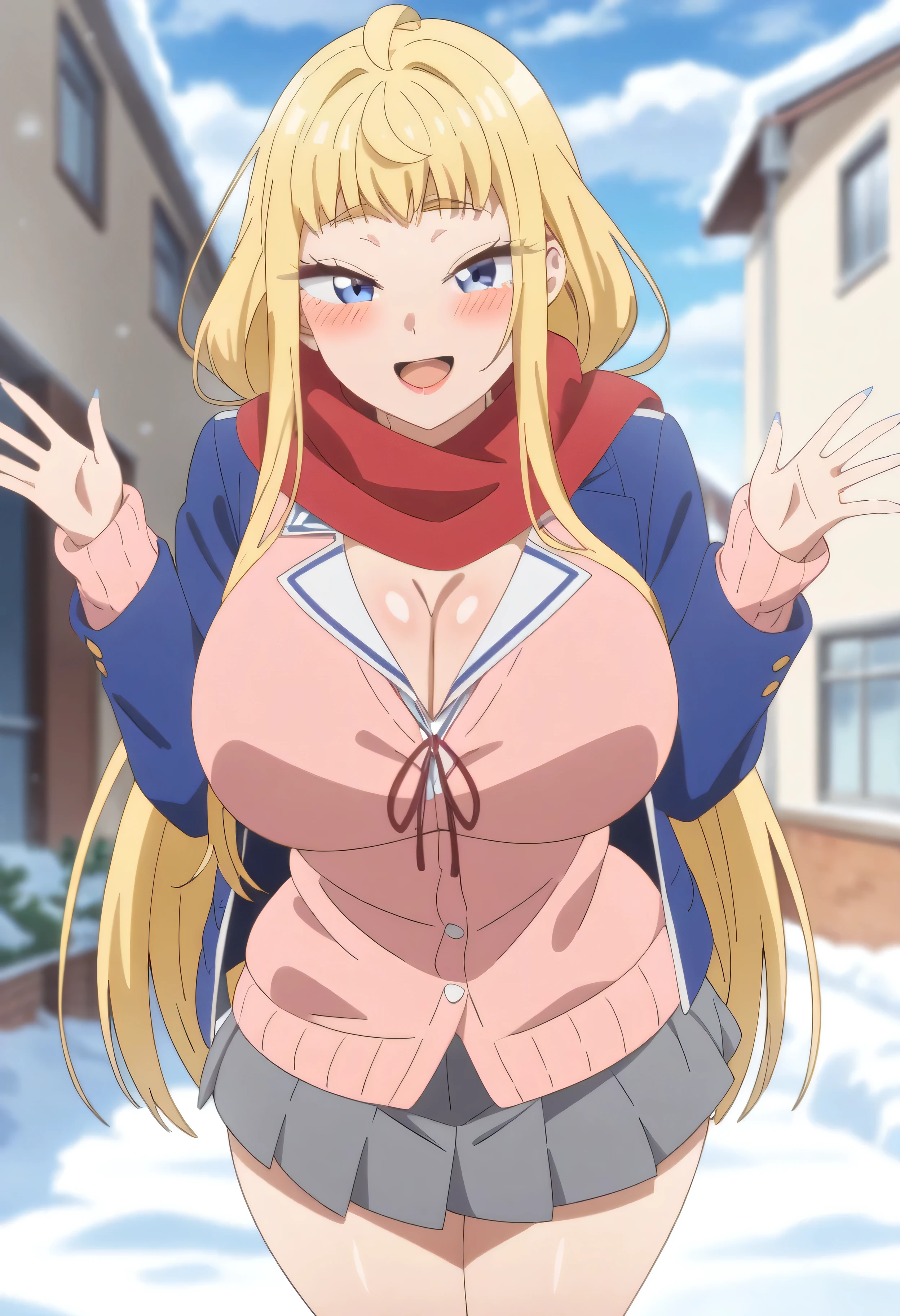 (anime art style:1.0), 2d, masterpiece, best quality, very aesthetic, absurdres, dynamic shadows, atmosferic, fuyuki_minami, 1girl, solo, blonde hair, (long hair), bangs, blue eyes, eyelashes, eyebrows, big breasts, (curvy body), makeup, blush, (school uniform:1.0), blue jacket, open jacket, pink cardigan, white shirt, grey skirt, miniskirt, red scarf, cleavage, collarbone, smile, open mouth, feet out frame, from front, (w arms), standing, (looking at viewer:1.0), winter, clouds, sky, street, houses