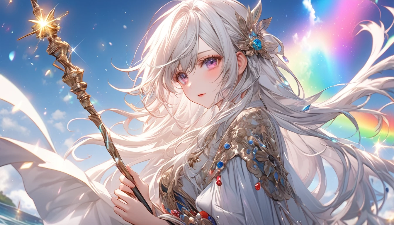 **135. One person。mysterious。Long-haired white-haired girl。Cowboy shot or close-up。
masterpiece, best quality, ultra detailed
(Detailed fingers), (Emotional), (Breathtakingly beautiful), (main part: 1.2 Whole body.), (Anime Style), (Very detailed), (Brutal), (超High resolution, High resolution), (8k), (High resolution: 1.2), (Complex and beautiful: 1.2)**
- background: Floating Island々、A rainbow in the sky。
- Long-haired white-haired girl: Delicately drawn fantasy costumes、Sparkling Eyes。I have a magic wand in my hand。
- Effects: Rainbow-colored light emanates from the wand、Floating Island々Magical energy spreads throughout the。
