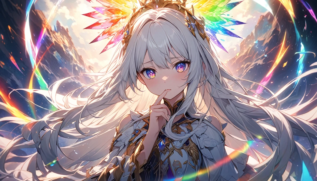 **135. One person。mysterious。Long-haired white-haired girl。Cowboy shot or close-up。
masterpiece, best quality, ultra detailed
(Detailed fingers), (Emotional), (Breathtakingly beautiful), (main part: 1.2 Whole body.), (Anime Style), (Very detailed), (Brutal), (超High resolution, High resolution), (8k), (High resolution: 1.2), (Complex and beautiful: 1.2)**
- background: Floating Island々、A rainbow in the sky。
- Long-haired white-haired girl: Delicately drawn fantasy costumes、Sparkling Eyes。I have a magic wand in my hand。
- Effects: Rainbow-colored light emanates from the wand、Floating Island々Magical energy spreads throughout the。
