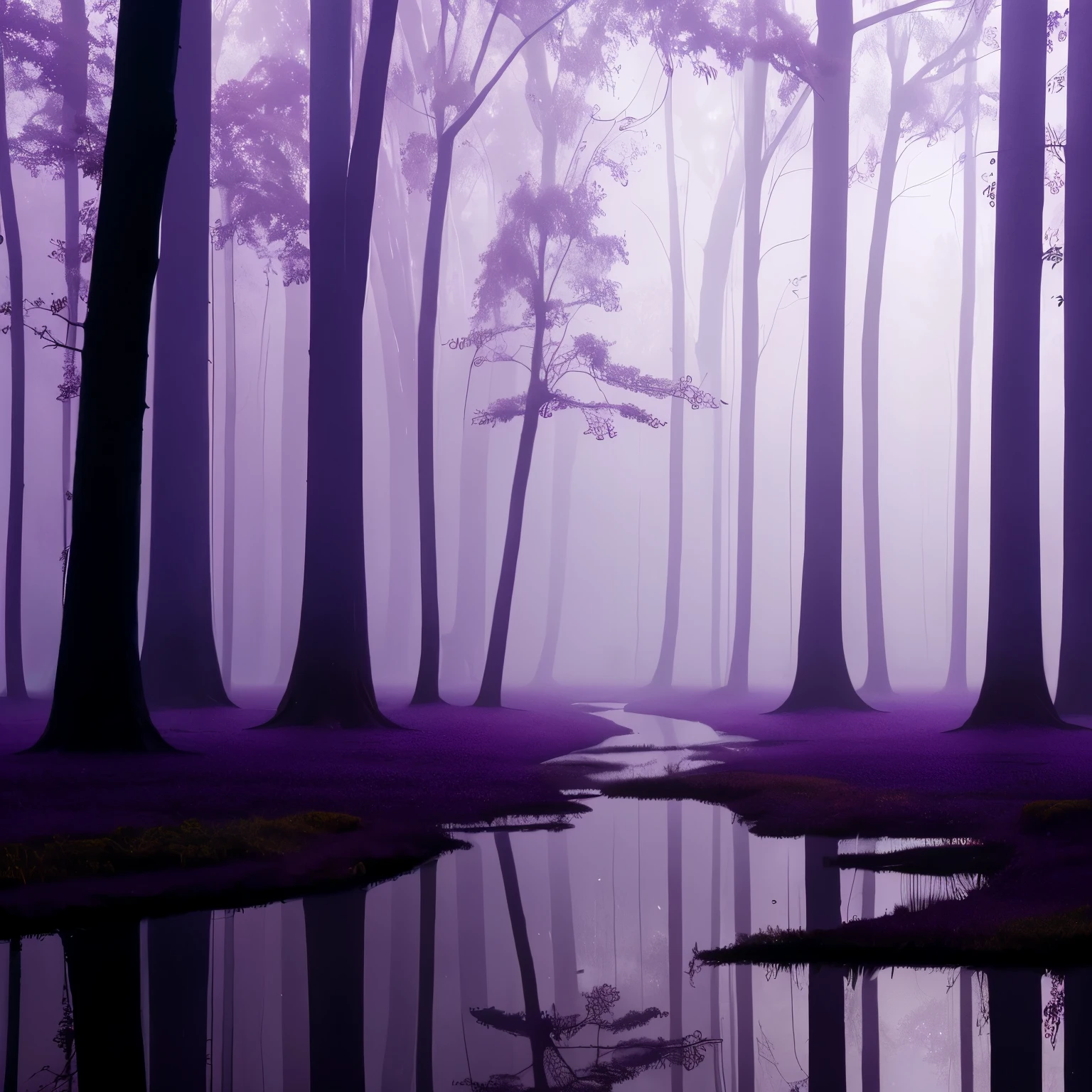trees in a foggy forest with a puddle of water, a matte painting inspired by Gregory Crewdson, flickr, romanticism, purple fog, light purple mist, a mystical misty glow, foggy twilight lighting, extremely beautiful and ethereal, purple mist, foggy morning light, foggy at dawn, misty morning, beautiful and mysterious, early foggy morning, glowing colorful fog