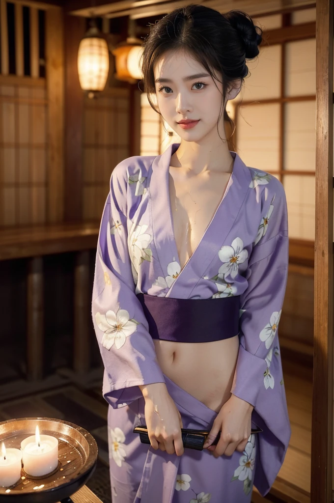 (((best quality))),(((ultra detailed))),(((masterpiece))),illustration,((1 beautiful Japannese girl,solo)),((slim,thin)),((small breasts,flat chest)),(in izakaya:1.3),(summer:1.2),(rainy:1.3),(indoor:1.2),(night scene:1.3),(wet:1.3),(purple floral yukata:1.3),neat bun,porcelain skin,rouge,dimly lit,warm glow,ethereal,(standing:1.3),(arms behind back:1.3),sake bottle,half-empty glass,tray,grilled fish,steamed vegetables,half-eaten,melancholic smile,storm,solitude,enigmatic aura,tranquility,chaos,simplicity,mysterious,captivating,((from front,upper body))