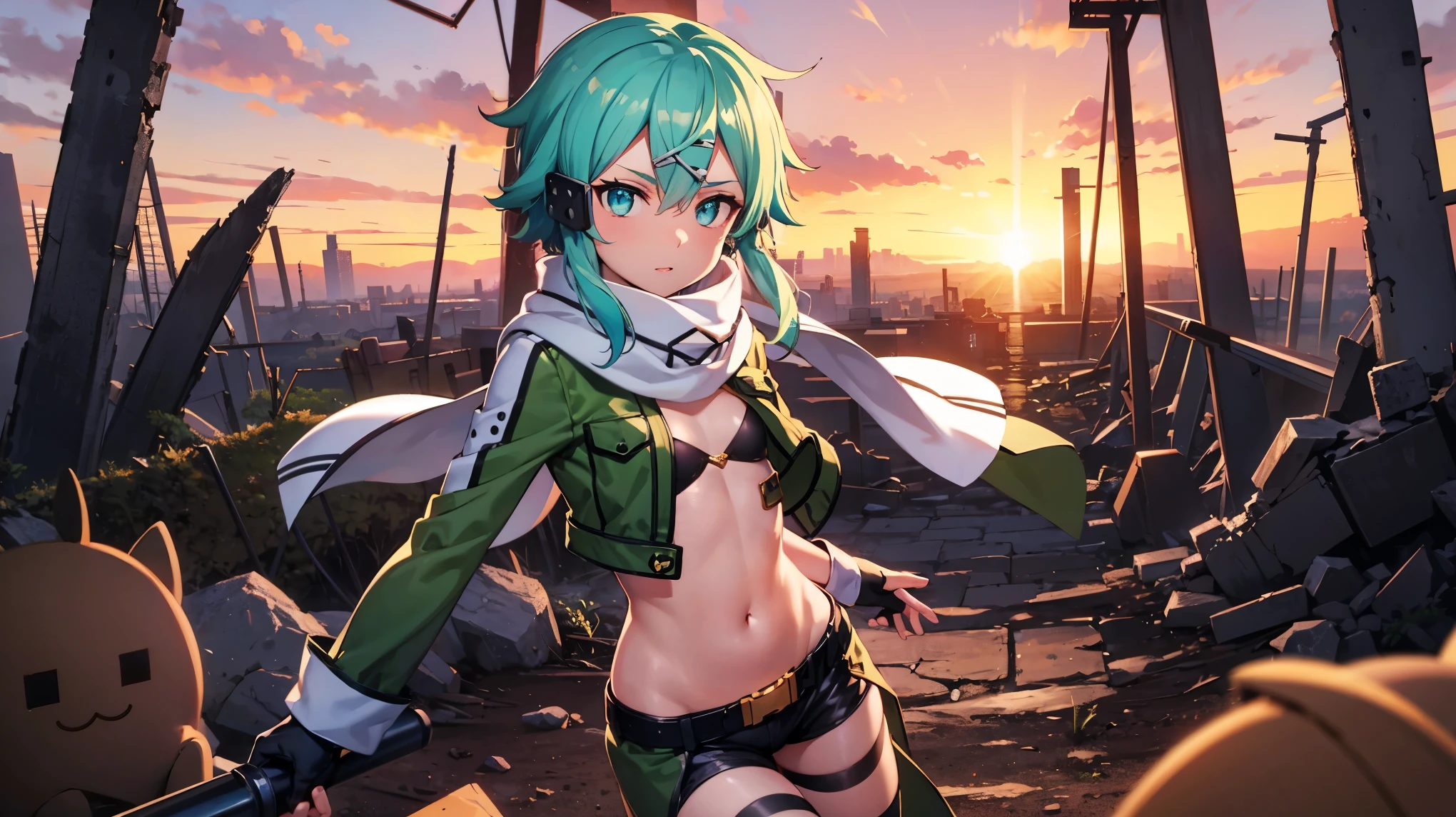 (masterpiece), best quality, expressive eyes, perfect face, highres, sinon1, scarf, fingerless gloves, long sleeves, short shorts,groin, hair ornament, hairclip, green thighhighs, green jacket,covered_nipples, thigh strap, field, sunset_ruins_landscape_background, ruined structures, dynamic_posing, looking at the viewer,,covered_navel,