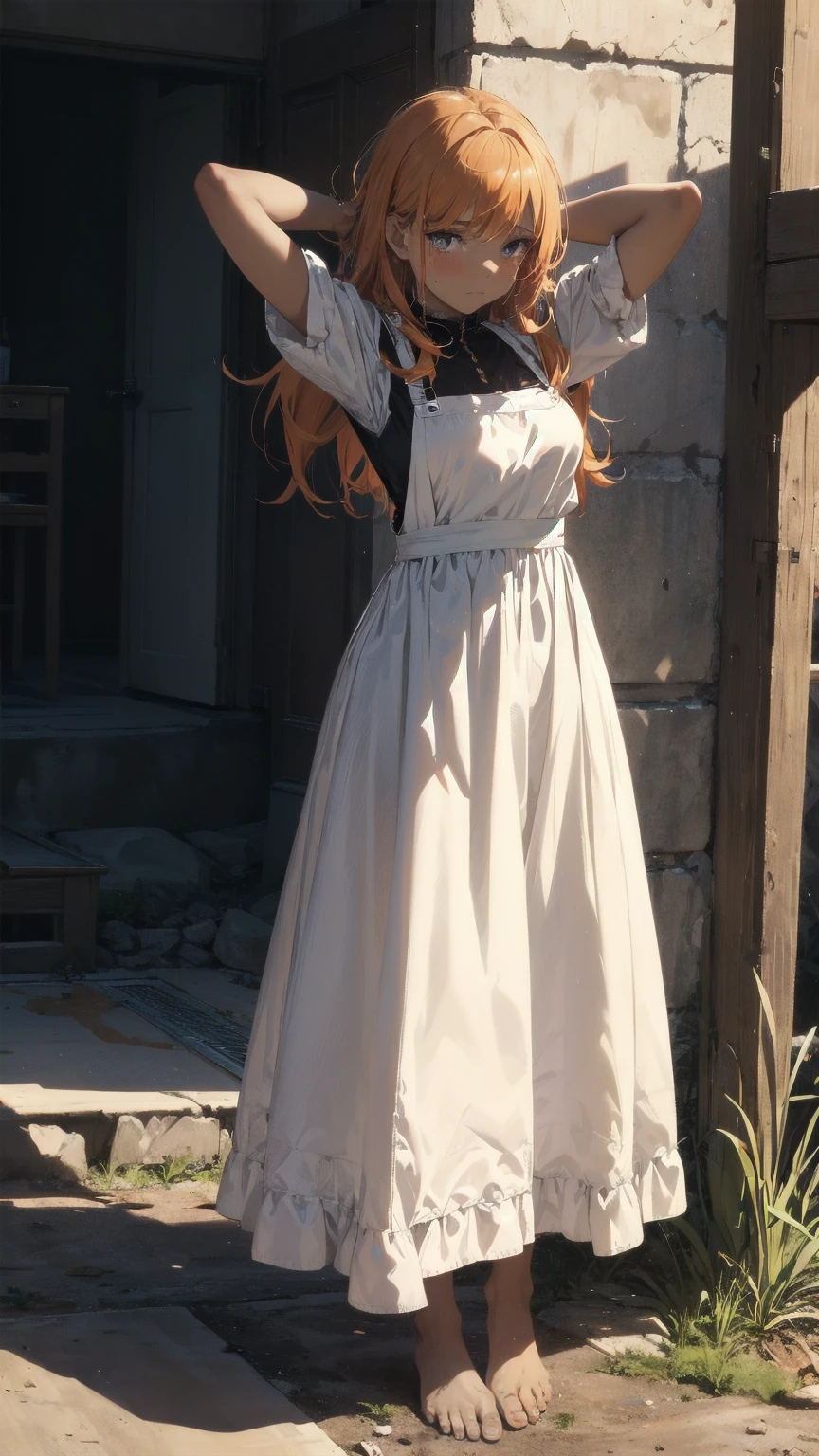 1Girl,solo,((Side away)),With her face turned up, she only looked at viewer,Small breasts,Skinny body,orange hair,Permed hair,A sad expression,Girlのみスポットライトが当たっている,Black background,Upper Body,Dark Skin,Dressed like a medieval peasant girl,apron,Long skirt,Sober colors,Overall it is dirty with dust, dirt and dirt.,barefoot,Chapped Hands,Big Eyes,A single tear,He hangs his arms weakly,tragedy,