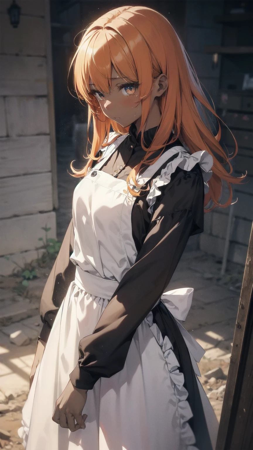 1Girl,solo,((Side away)),With her face turned up, she only looked at viewer,Small breasts,Skinny body,orange hair,Permed hair,A sad expression,Girlのみスポットライトが当たっている,Black background,Upper Body,Dark Skin,Dressed like a medieval peasant girl,apron,Long skirt,Sober colors,Overall it is dirty with dust, dirt and dirt.,barefoot,Chapped Hands,Big Eyes,A single tear,He hangs his arms weakly,tragedy,