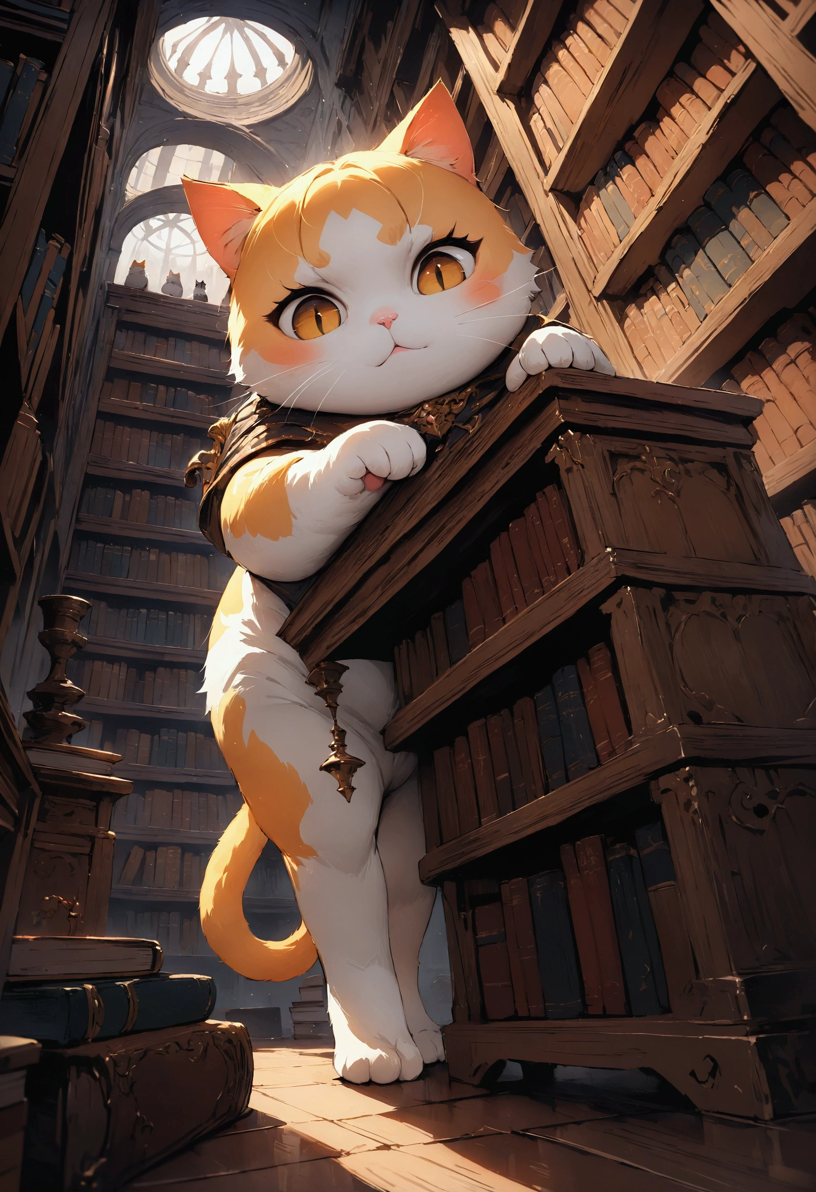Boss cat looking down from the top of a very high bookshelf, 