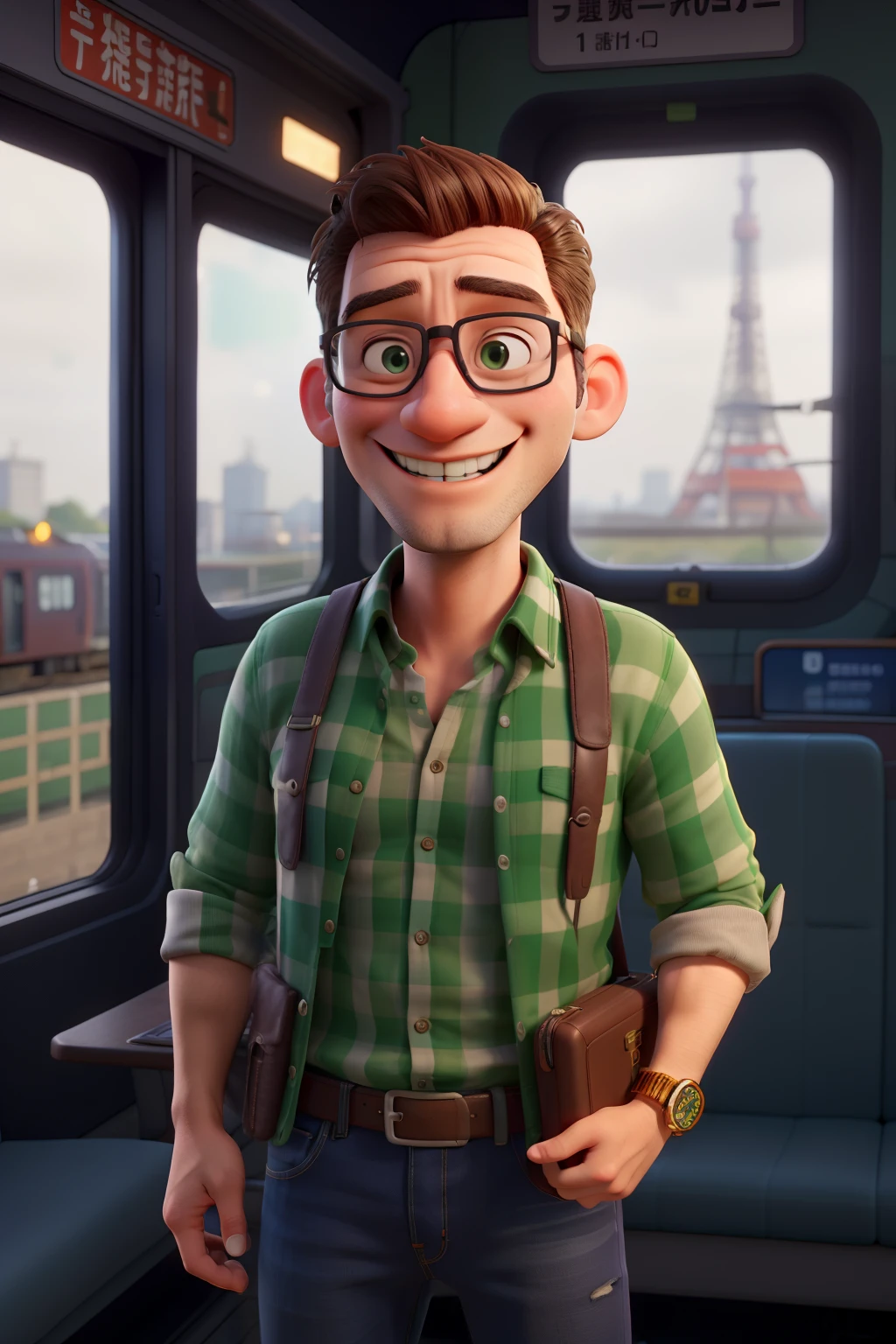 Raising a 40-Year-Old Man, smiling happily, gold rimmed glasses, Holding colorful mug in hand, holding camera in other hand,Green plaid shirt and jeans, Brown eyes, The screen is flawless.Tokyo Tower with the train window in the background