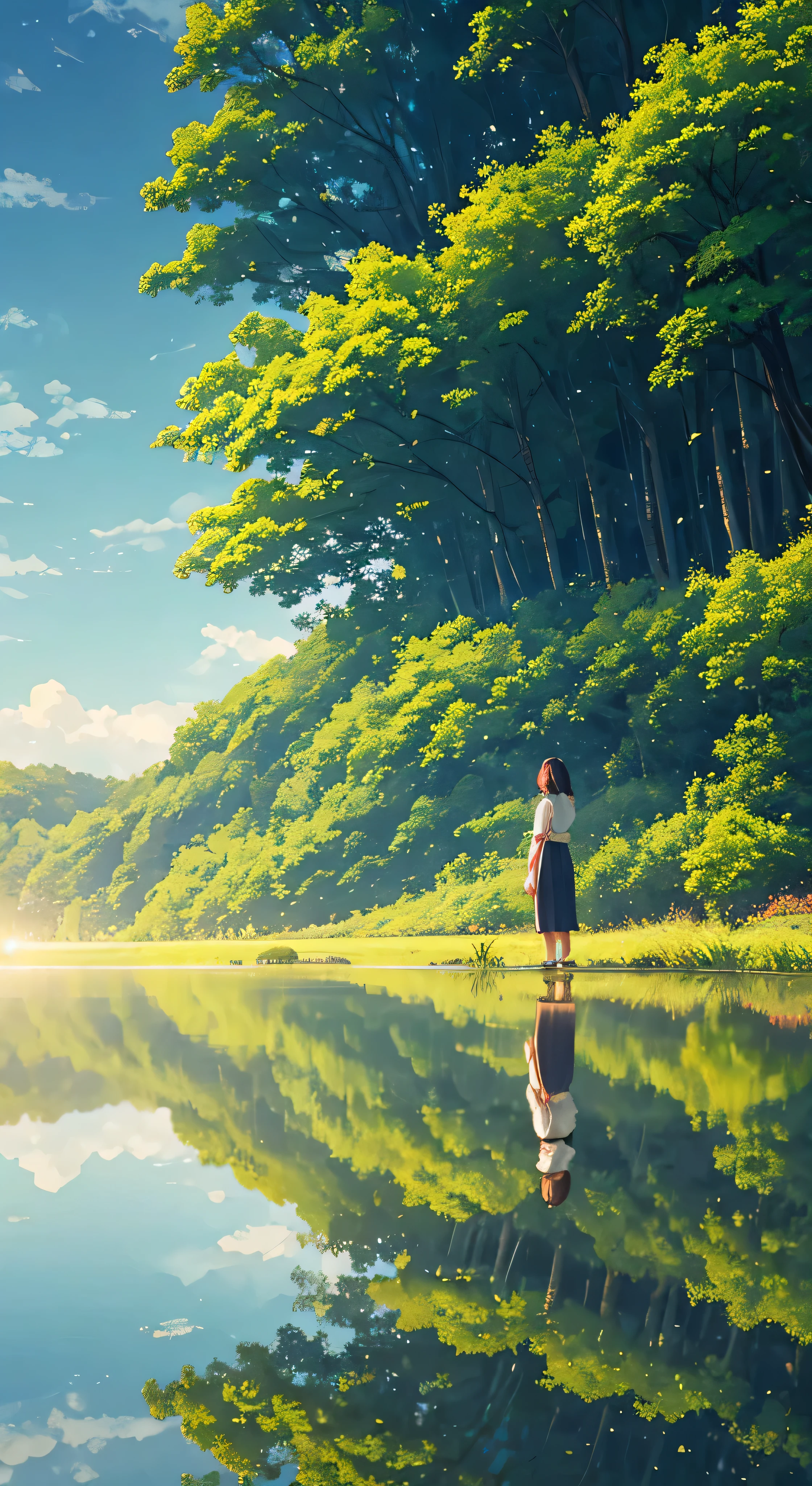 4K,Every green空 carries the promise of a new dawn, Paving the way for a beautiful beginning,Beautiful nature paintings. green,green空, green、A woman is reflected in the photo.、Back view