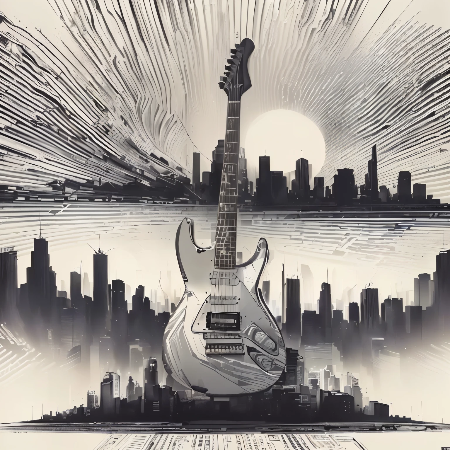a black and white drawing of a guitar in front of a city skyline, guitar concept art, electric guitar, guitar, musician, futuristic electric guitar, rock music, promo art, music poster, lead guitar, detailed cover artwork, artistic illustration, background artwork, rocking out, extremely high quality artwork, guitarist, guitar solo, heavy blues rock, high quality artwork