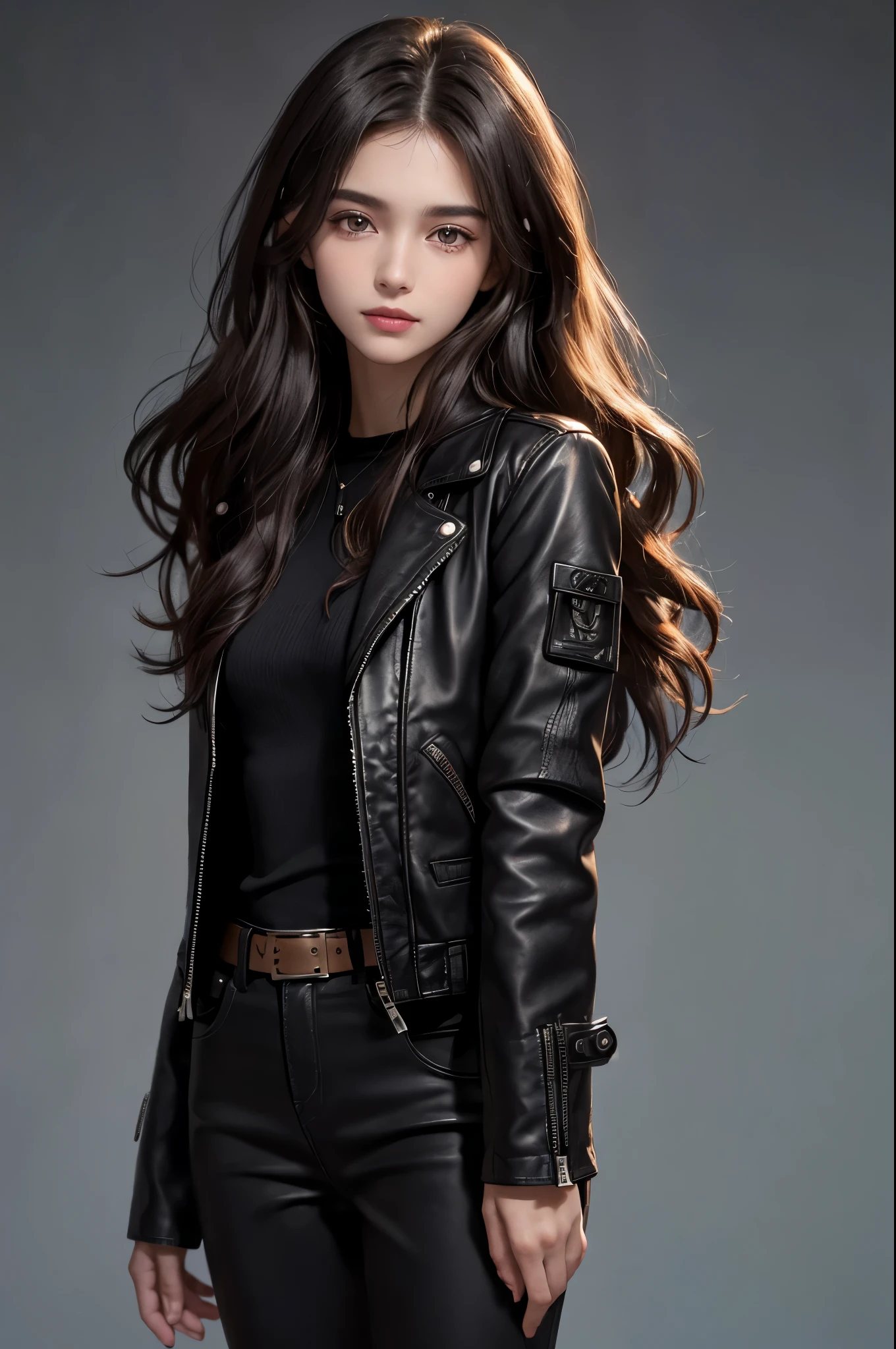 Black leather jacket, Focus on the face, Cowboy Shot, Very detailed, 21 years old, Innocent face, Naturally Wavy Hair, High resolution, masterpiece, 最high quality, Intricate details, Very detailed, Clear focus, Delicate skin, practical skin texture, texture, Delicate eyes, Professional, 4K, Cute Smile, Shot with Canon, 85mm, Shallow and deep, Kodak Vision Color, that&#39;s right, Very detailedな, photograph_\(Extremist\), photographpractical, practical, Post-processing, Maximum details, Roughness, Real Life, Extremist practical, Photorealism, photographgraphy, 8kウルトラHD, photographgraphy, (最high quality、Tabletop、8k、Best image quality、Award-winning works)、(Red eyeshadow:1.2)、Perfect Makeup、Long eyelashes、超高精細のShine目、Ultra HD Hair、ultra High resolution glossy lips、Super High resolution perfect teeth、Super High resolution cute face、Black Hair、(Very short straight hair:1.1)、Look at me and smile、[clavicle]、Accurate anatomy、With bangs、超High resolutionのShine肌、The most detailed face、Ultra High resolution detailed faces、ultra High resolution hair、Fashion Model, Age 25, Perfect Eyes, Perfect Iris, Perfect Lips, Perfect Teeth, Perfect Skin, Soft Front Light, Shine, High resolution, (Soft colors: 1.2), 最high quality, a photographrealistic portrait of a stunningly beautiful woman without make-up, Very detailedな light hazel eyes, Symmetric, Realistically detailed face, Very detailedな natural texture, Peach fuzz, Messy Hair, masterpiece, Absurd, award winning photograph by lee jeffries, nikon d850 film stock photographgraph, Kodak Portra 400 Camera F1.6 Lenses, Very detailedな, wonderful, Finer details, Rich colors, hyper realistic lifelike texture, Dramatic lighting, Unreal Engine, Talked about at the art station, Cinestill 800 Tungsten, Looking at the audience, photograph realistic, RAW photograph, Tanveer Tamim, high quality, High resolution, Sharp focus, Very detailedな, Cinema Lighting, 8k uhd, Kneel, 
