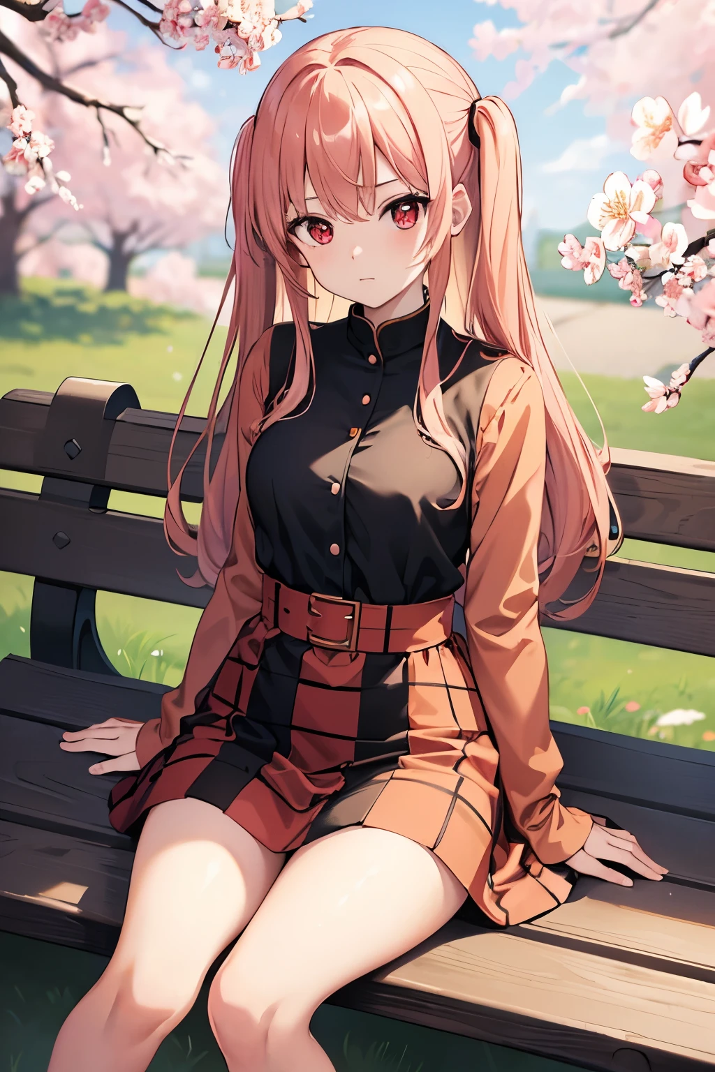 (masterpiece:1.2, Highest quality),(Anime Style),
girl,Blood red eyes,Narrow eyes,light peach-colored hair,Cropped bangs,Half Up,cool,
Black checkered dress,Long sleeve,Sitting on a bench,Cherry blossom trees