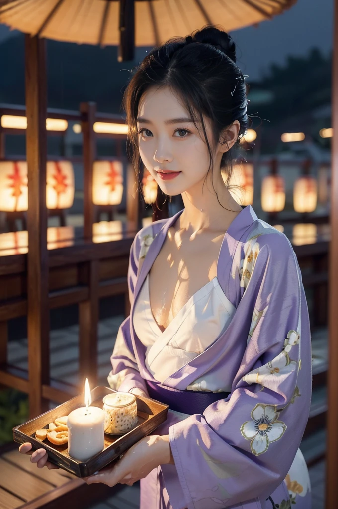 (((best quality))),(((ultra detailed))),(((masterpiece))),illustration,((1 beautiful Japannese girl,solo)),((slim,thin)),((small breasts,flat chest)),(in izakaya:1.3),(summer:1.2),(rainy:1.3),(indoor:1.2),(night scene:1.3),(wet:1.3),(purple floral yukata:1.3),neat bun,porcelain skin,rouge,dimly lit,warm glow,ethereal,(standing:1.3),(arms behind back:1.3),sake bottle,half-empty glass,tray,grilled fish,steamed vegetables,half-eaten,melancholic smile,storm,solitude,enigmatic aura,tranquility,chaos,simplicity,mysterious,captivating,((from front,upper body))