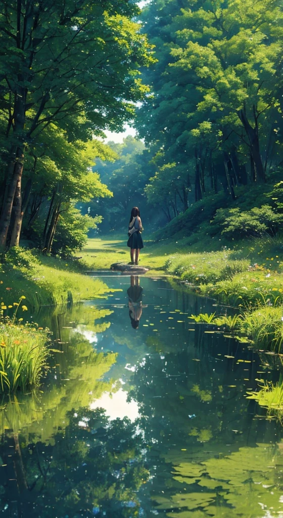 4K,Every green空 carries the promise of a new dawn, Paving the way for a beautiful beginning,Beautiful nature paintings. green,green空, green、A woman is reflected in the photo.、Back view