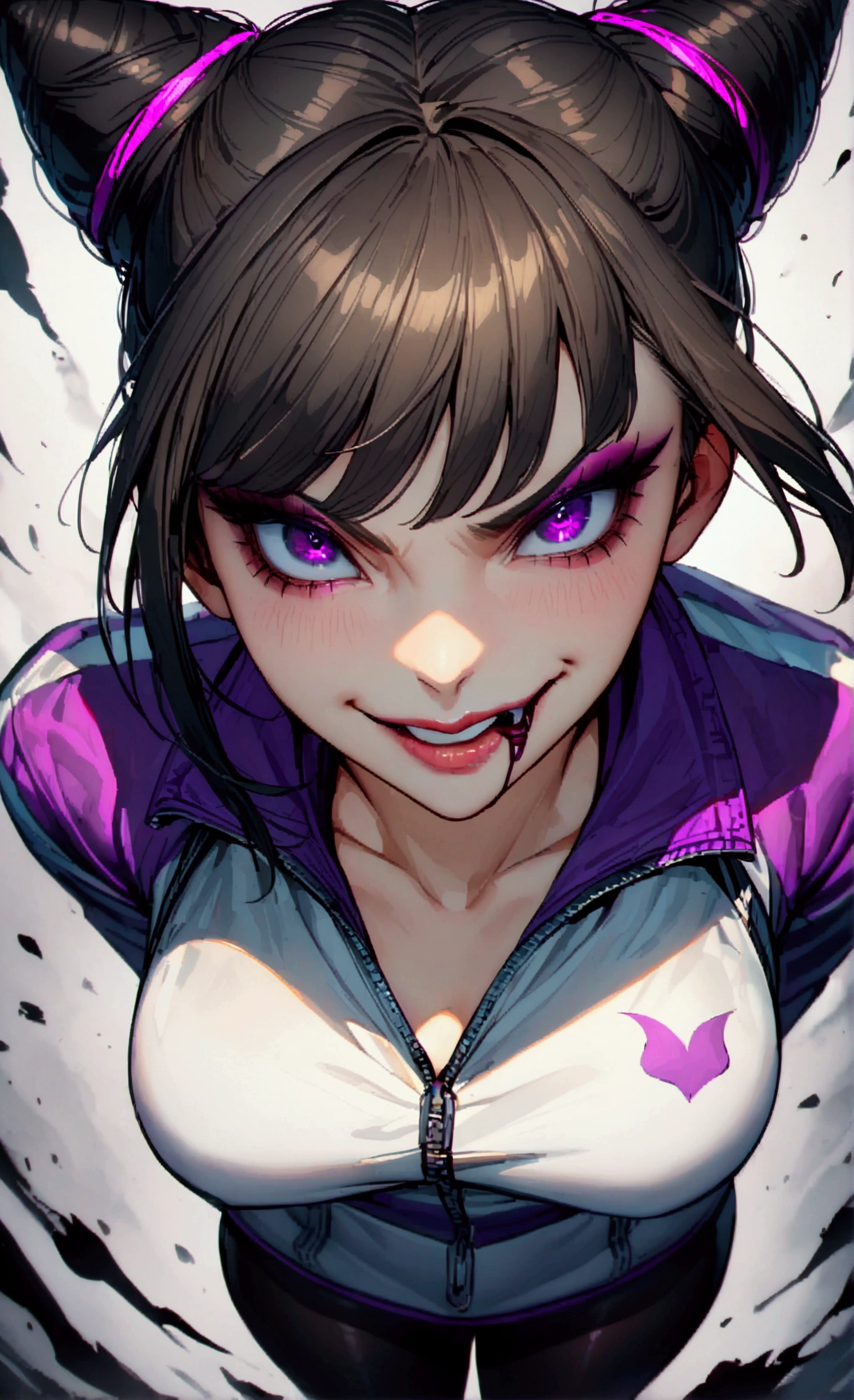 dark eyeshadow,glare eyes,beautiful young fitness woman with , in a gym wearing May with black pantyhose, white and purple fitted gym jacket. standing alone,hair horns,bright purple eyes,Evil smile,legging preto ,lips,dark eyeshadow,glare eyes,close up,mouth open with a big evil smile