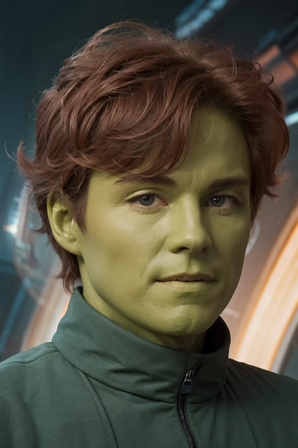 headshot of orion man, (green skin:1.25), jacket, sci-fi starship background, red hair,  